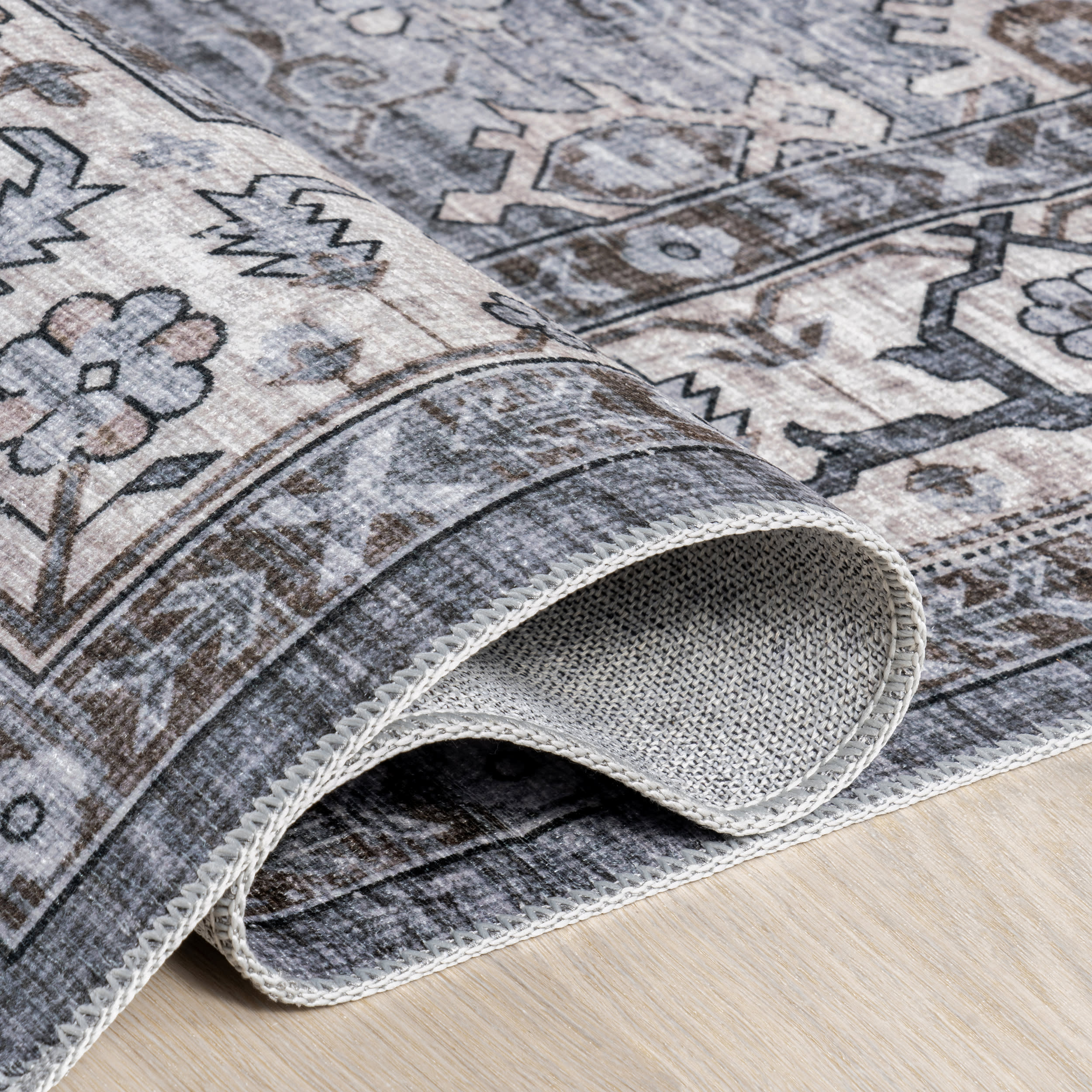 Myrtle Spill Proof Washable Vintage Rug | Grey - Image 9