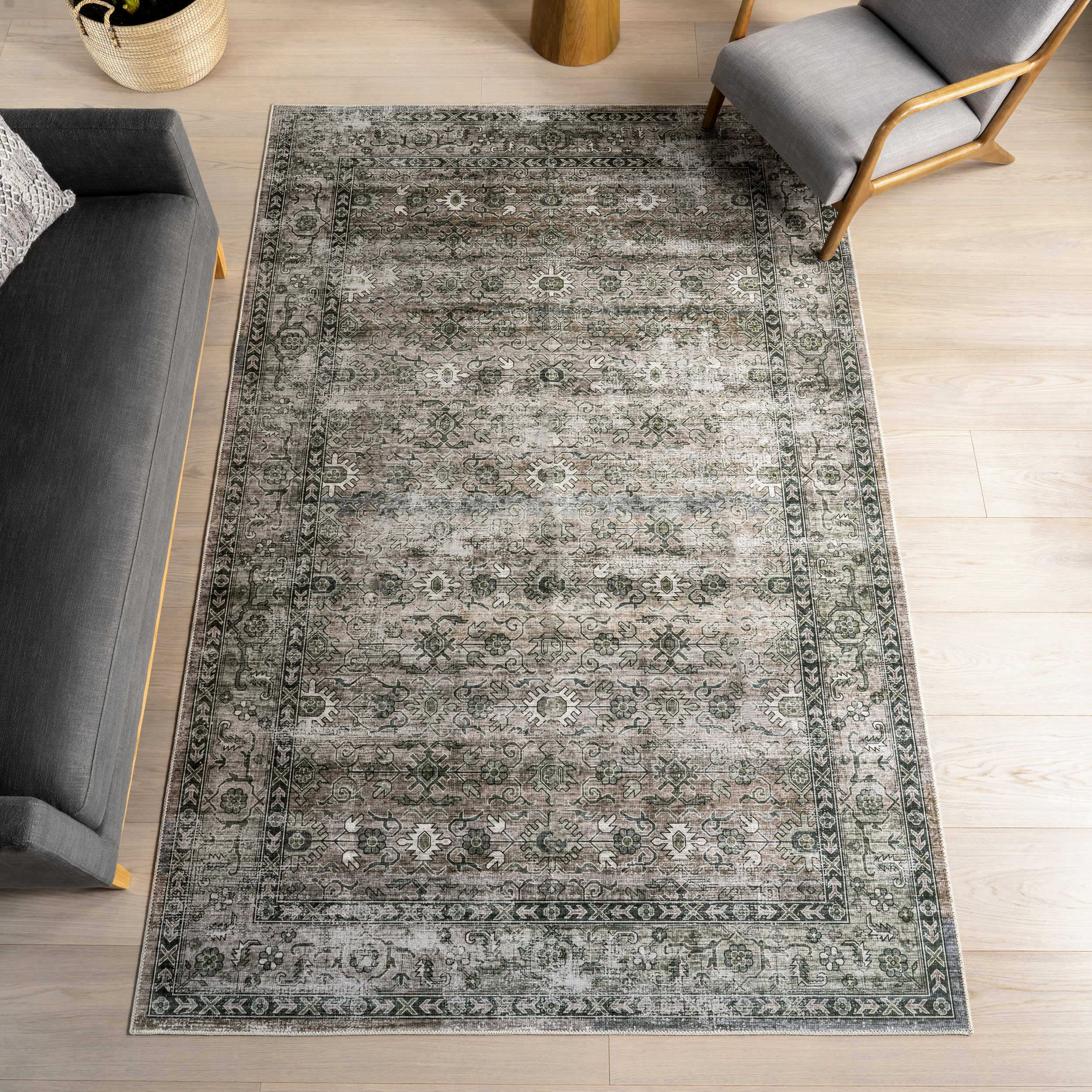 Myrtle Spill Proof Washable Vintage Rug | Sage Green - Image 2