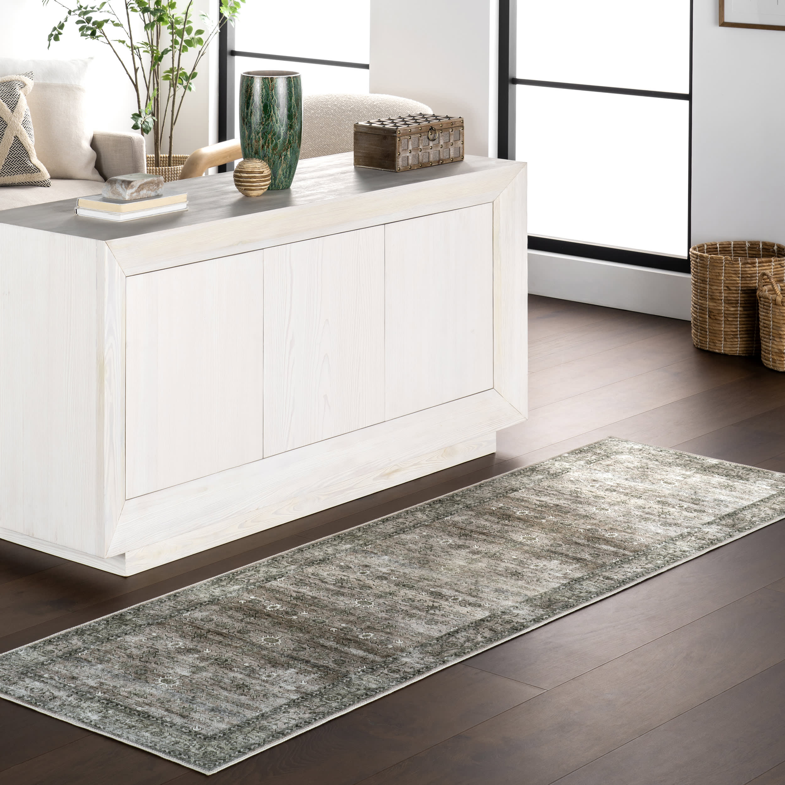 Myrtle Spill Proof Washable Vintage Rug | Sage Green - Image 2