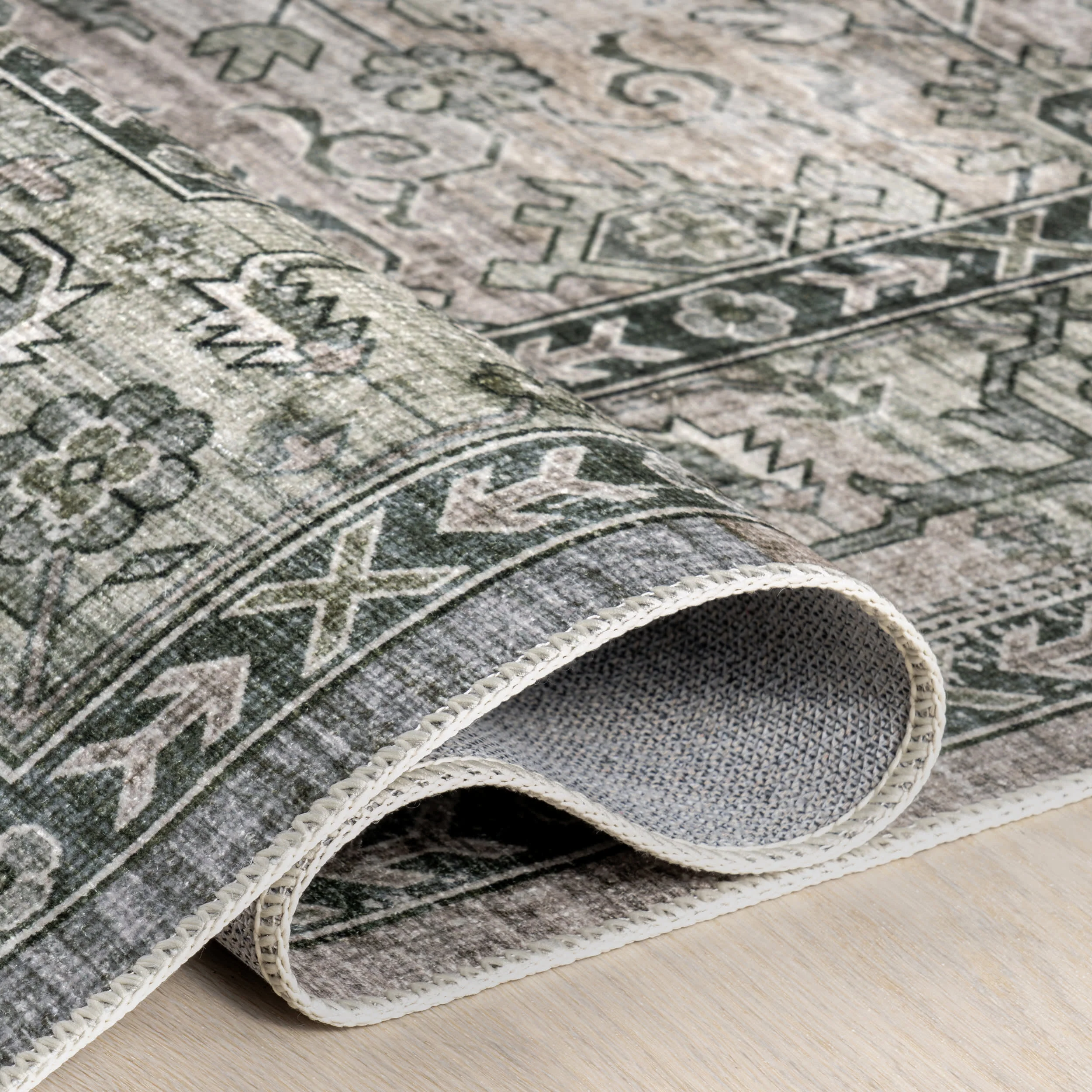 Myrtle Spill Proof Washable Vintage Rug | Sage Green - Image 9