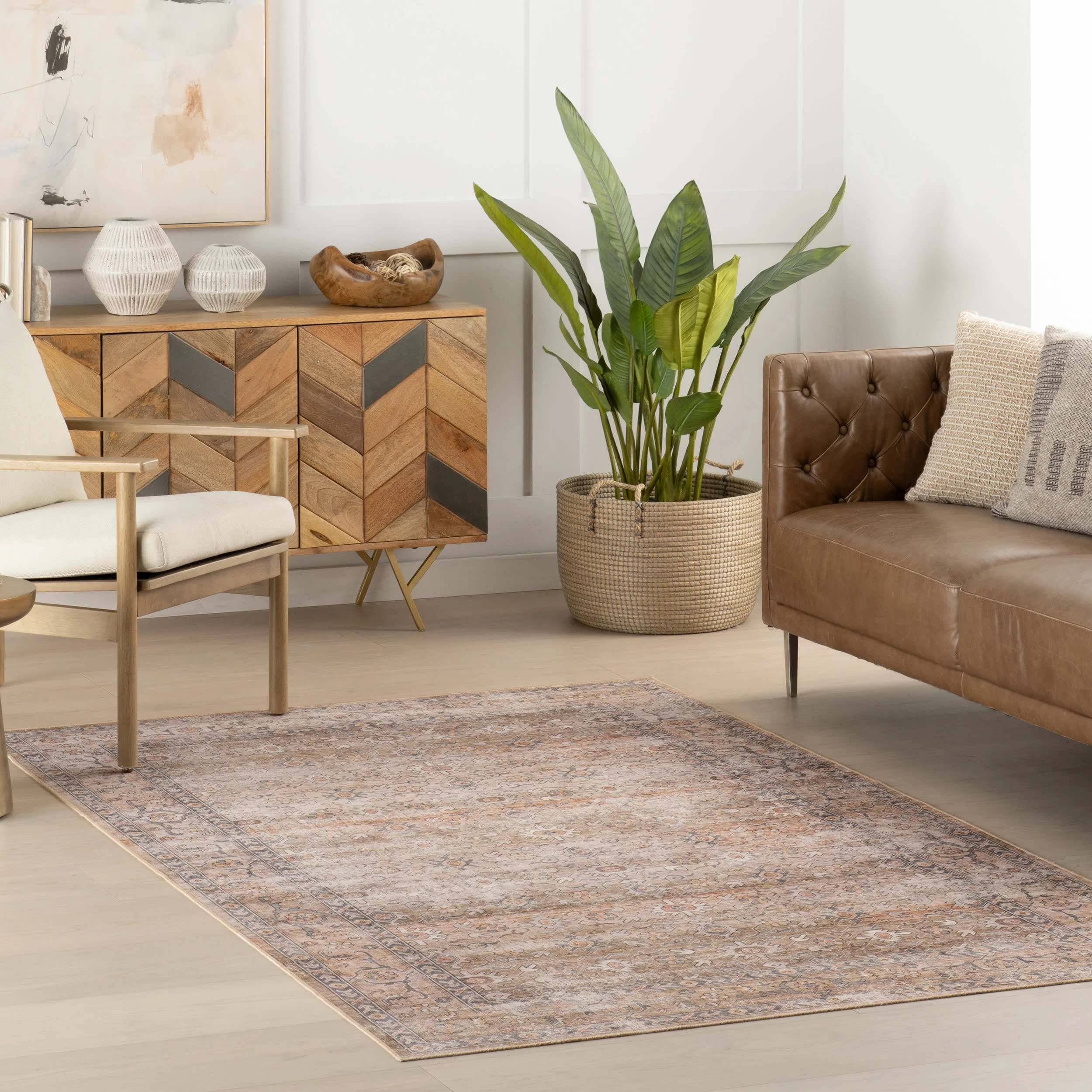 Myrtle Spill Proof Washable Vintage Rug | Taupe - Image 2