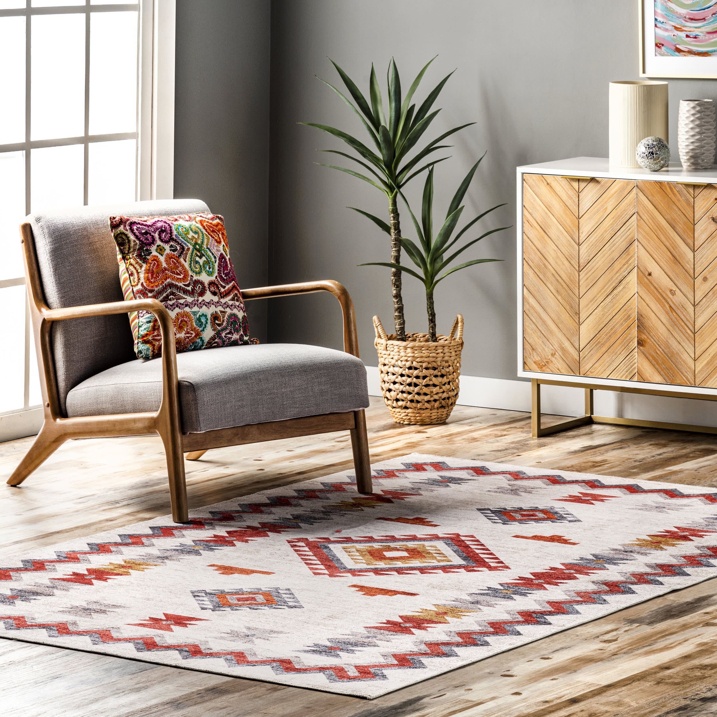 Nancy Southwestern Diamond Washable Rug | Beige - Image 2