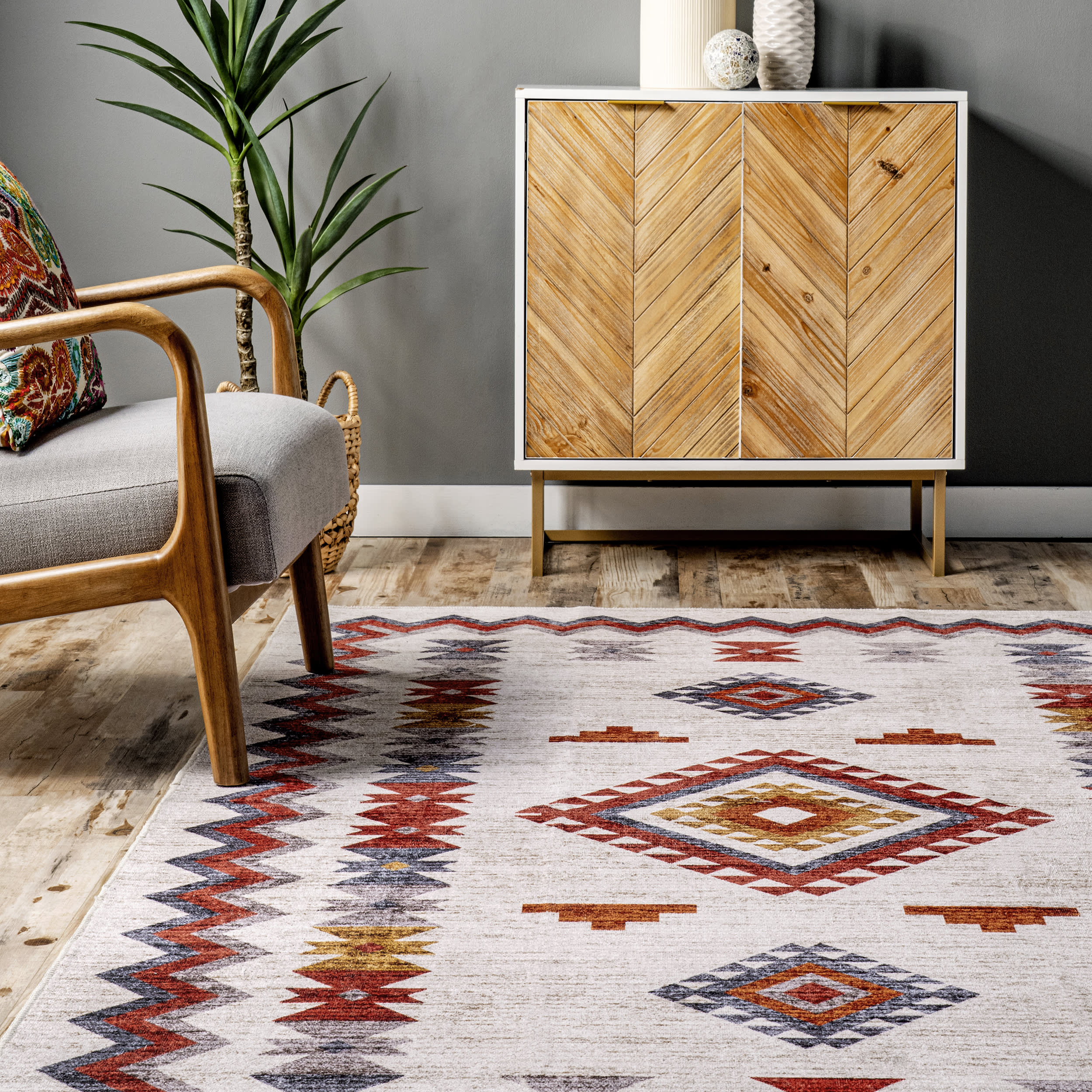 Nancy Southwestern Diamond Washable Rug | Beige - Image 4