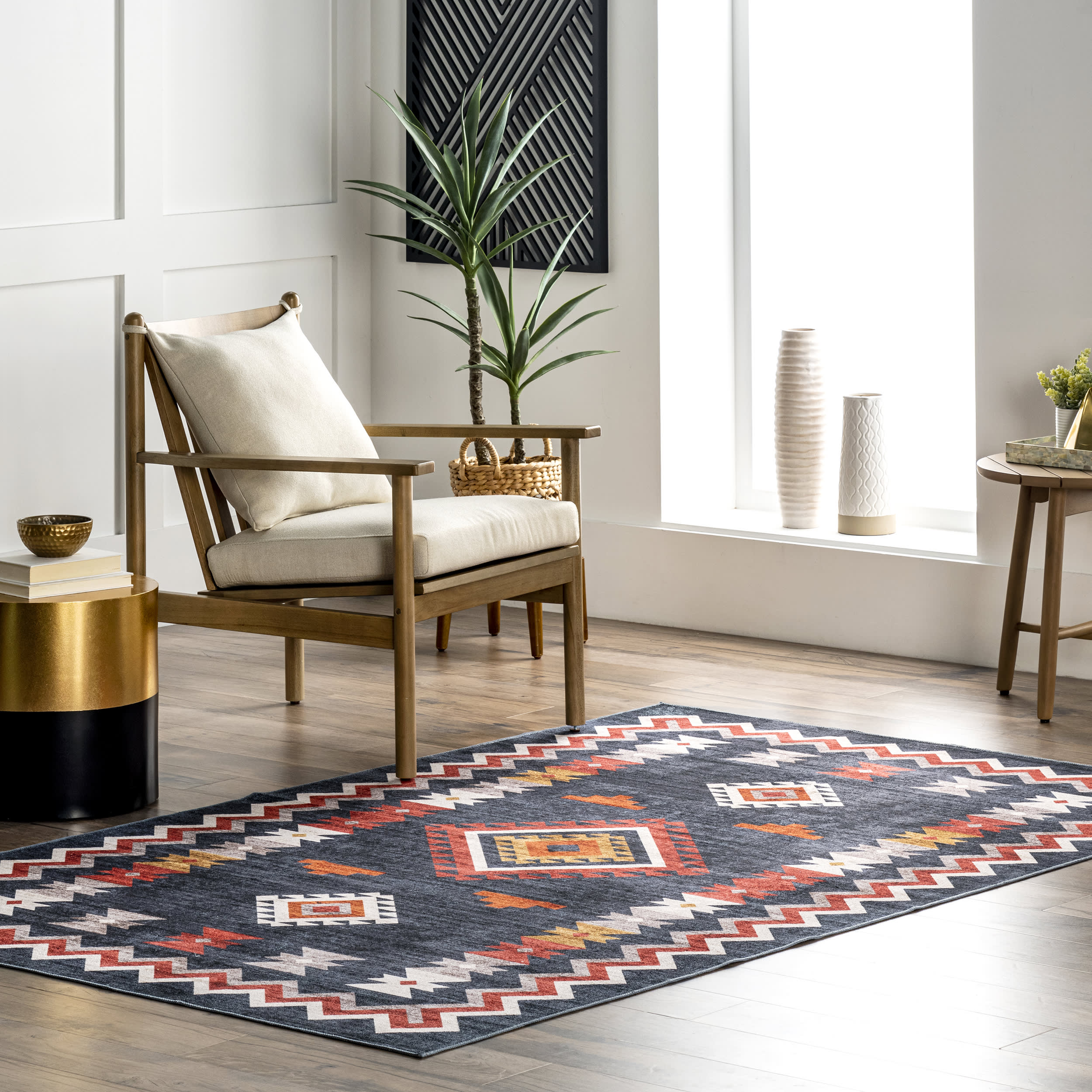 Nancy Southwestern Diamond Washable Rug | Navy - Image 2