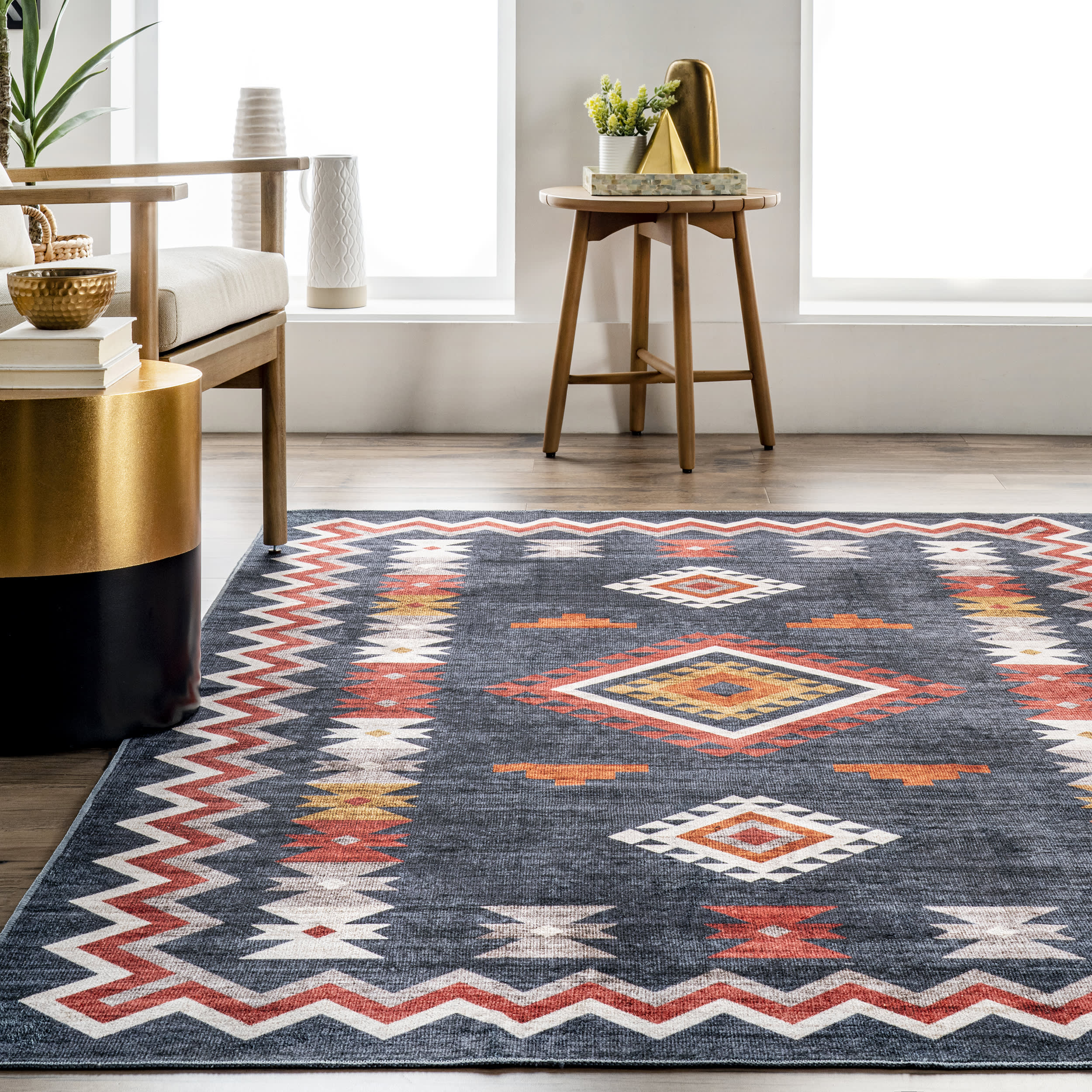 Nancy Southwestern Diamond Washable Rug | Navy - Image 4