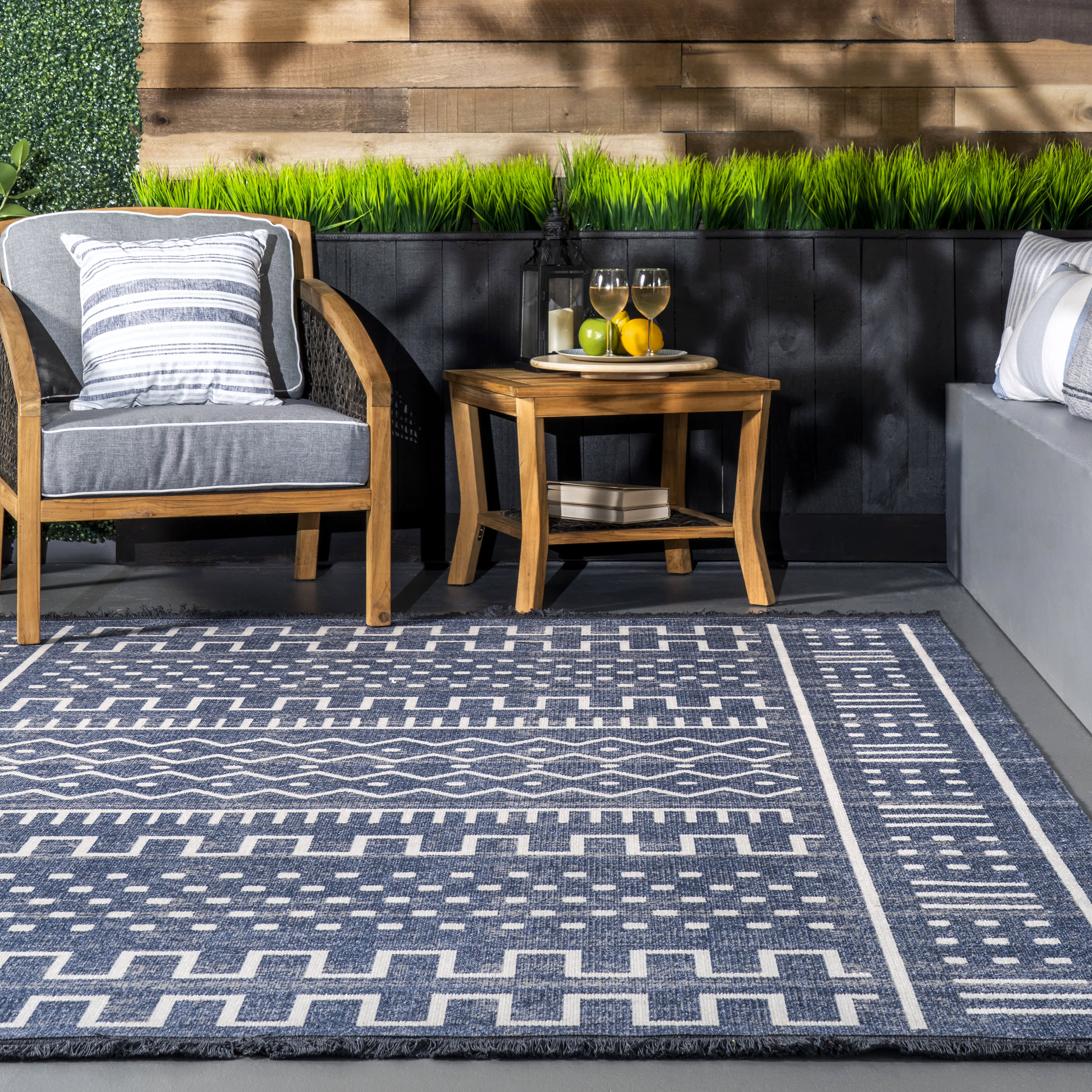 Native Indoor/Outdoor With Tassels Rug | Dark Blue - Image 4