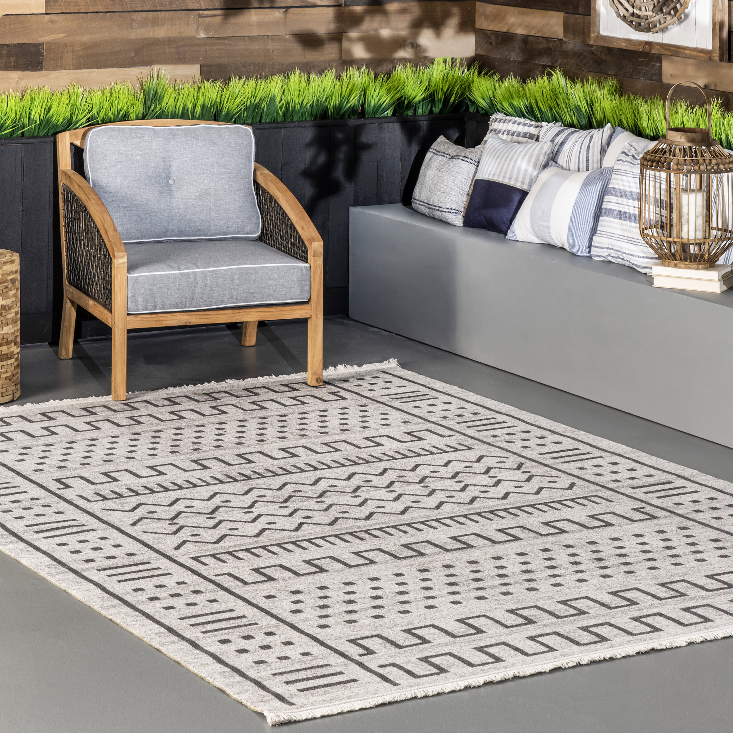 Native Indoor/Outdoor With Tassels Rug | Light Grey - Image 2