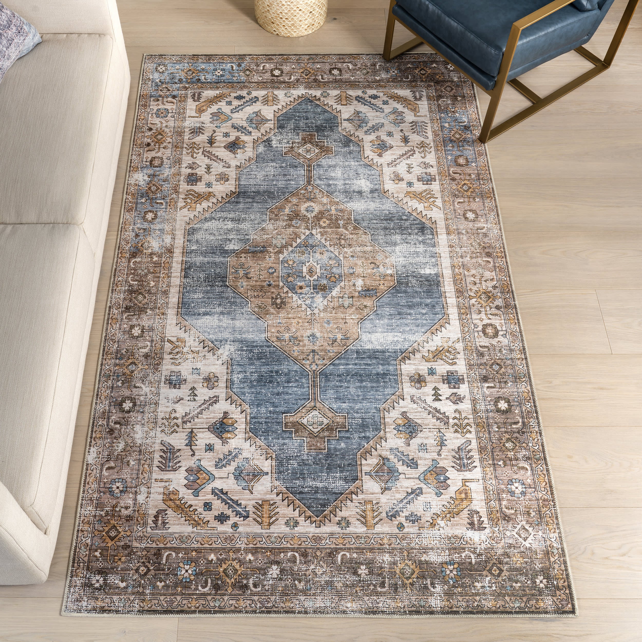 Native Iris Medallion Spill Proof Washable Rug | Blue - Image 2