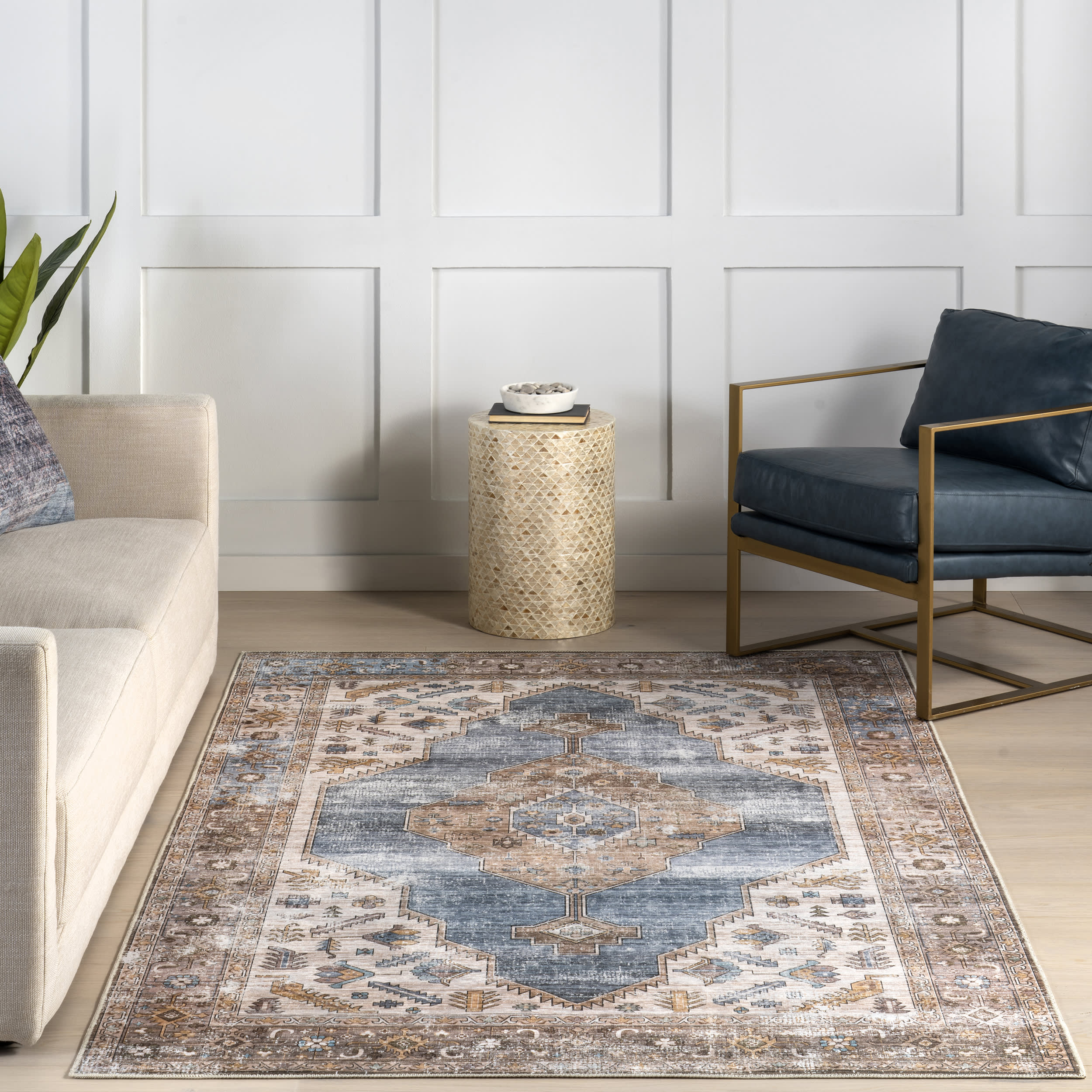 Native Iris Medallion Spill Proof Washable Rug | Blue - Image 5