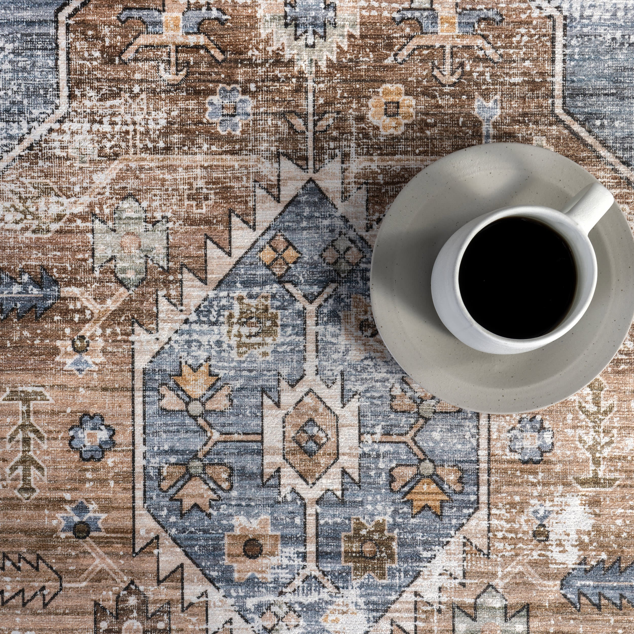 Native Iris Medallion Spill Proof Washable Rug | Blue - Image 8
