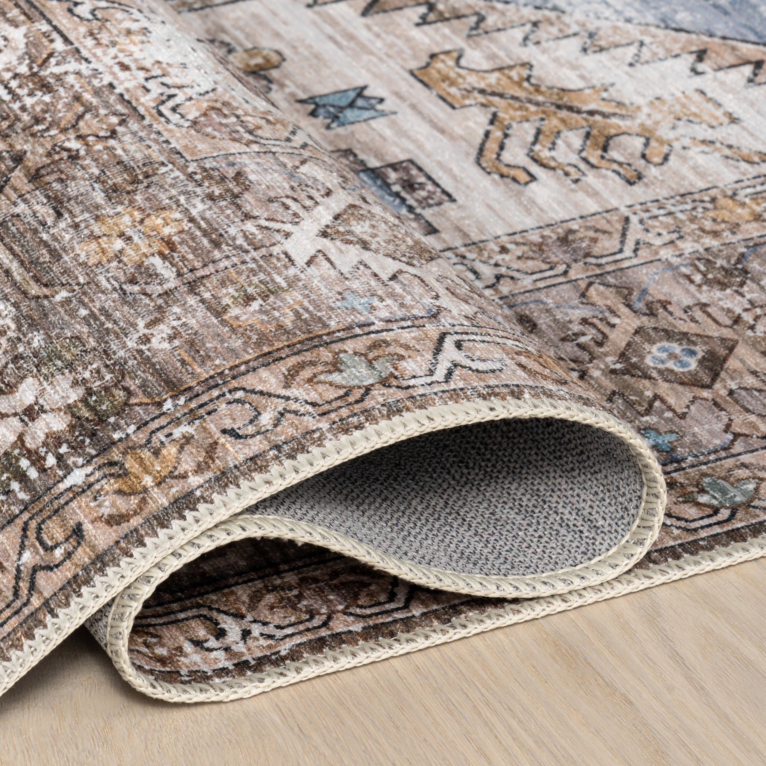 Native Iris Medallion Spill Proof Washable Rug | Blue - Image 9