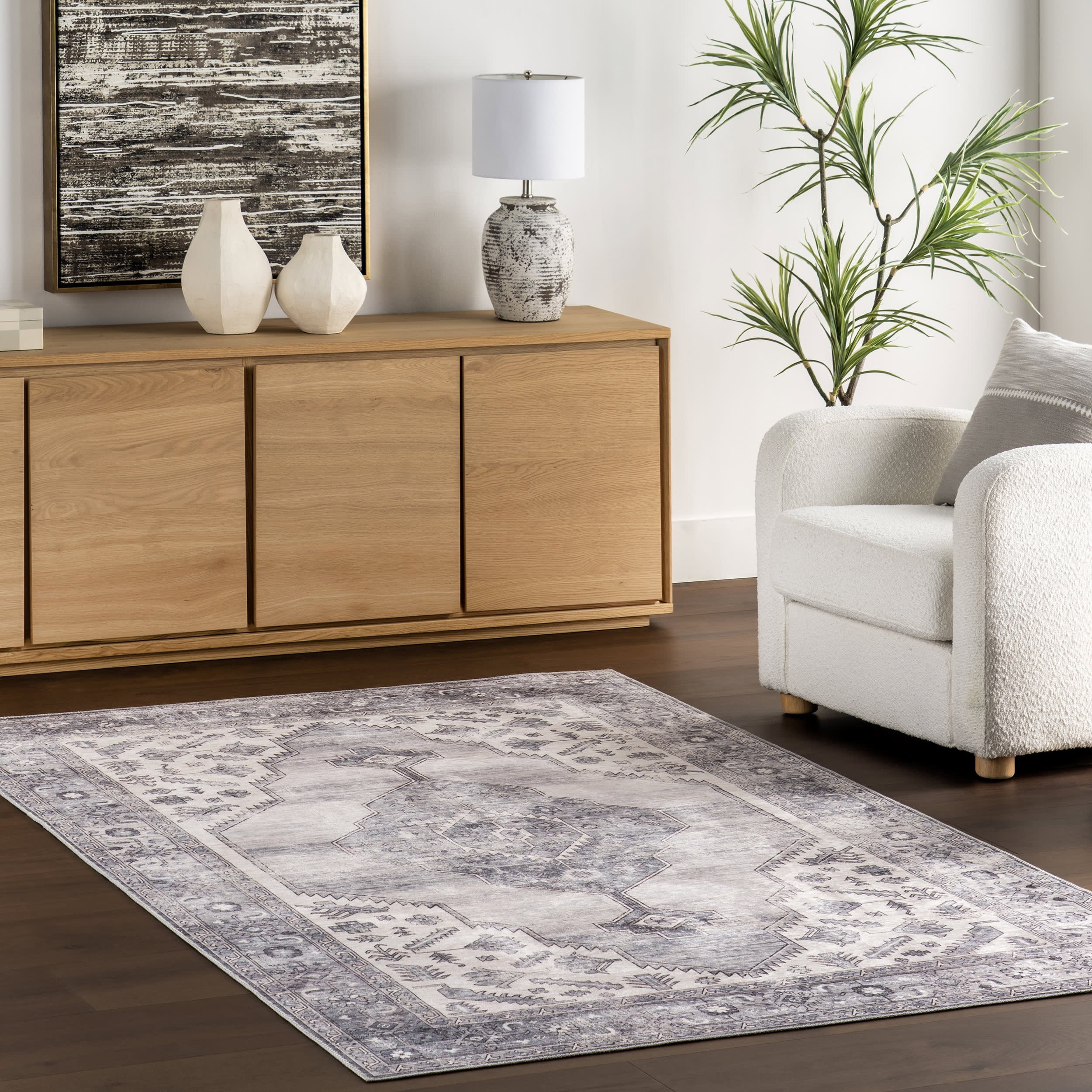 Native Iris Medallion Spill Proof Washable Rug | Grey - Image 2