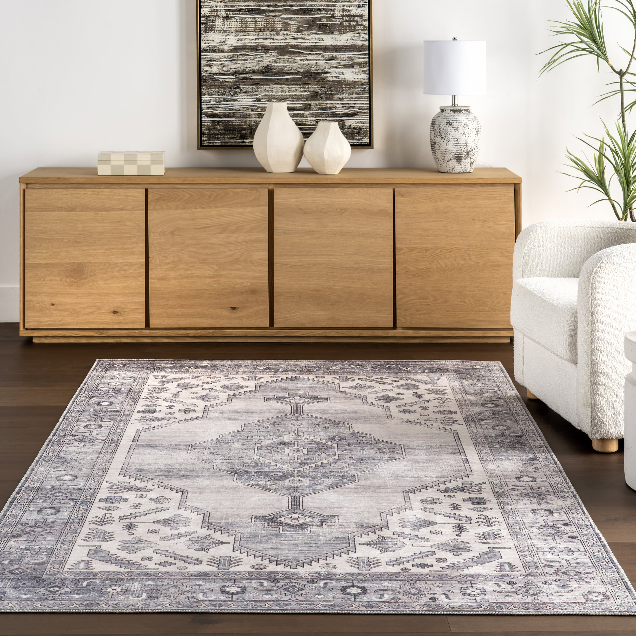 Native Iris Medallion Spill Proof Washable Rug | Grey - Image 5