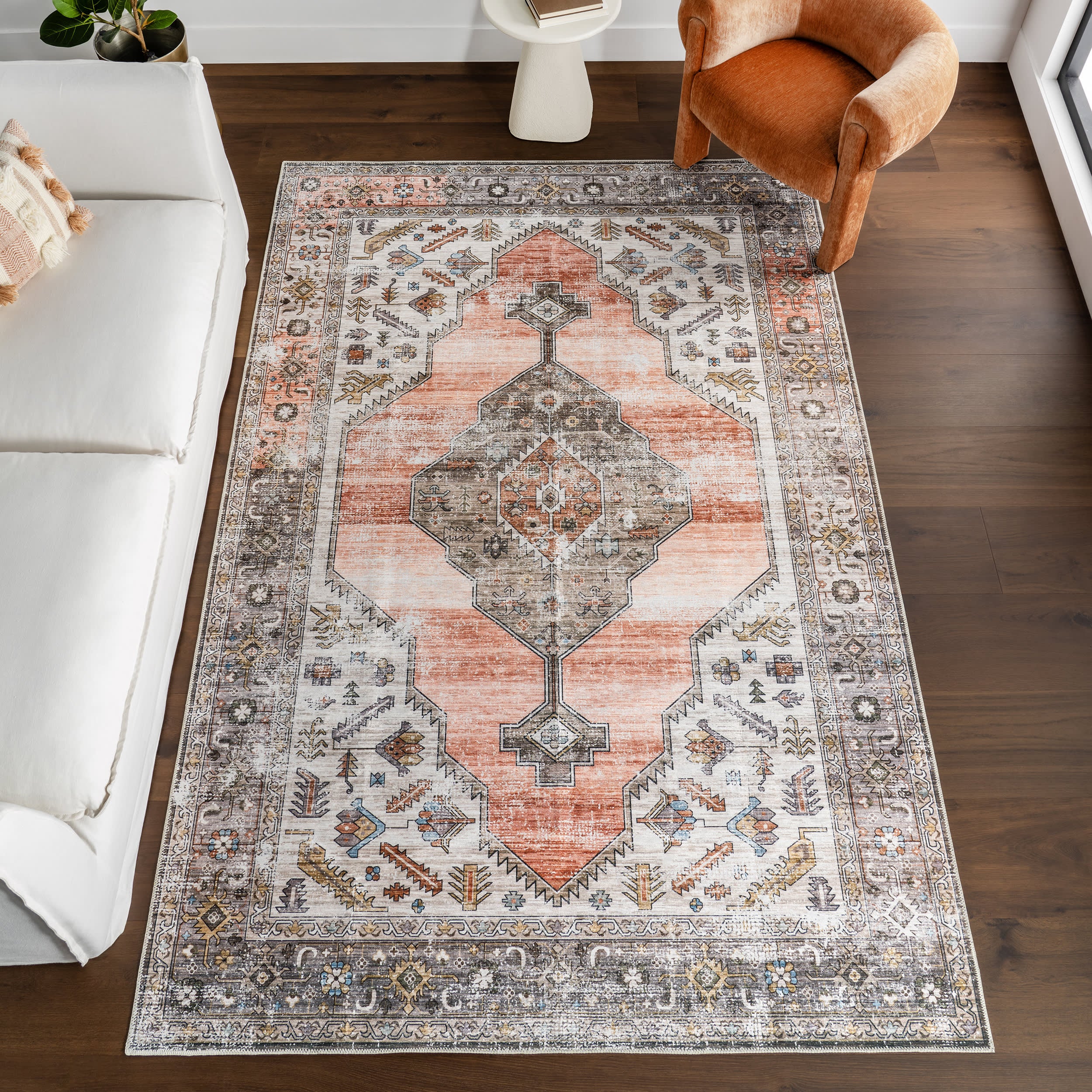 Native Iris Medallion Spill Proof Washable Rug | Peach - Image 2