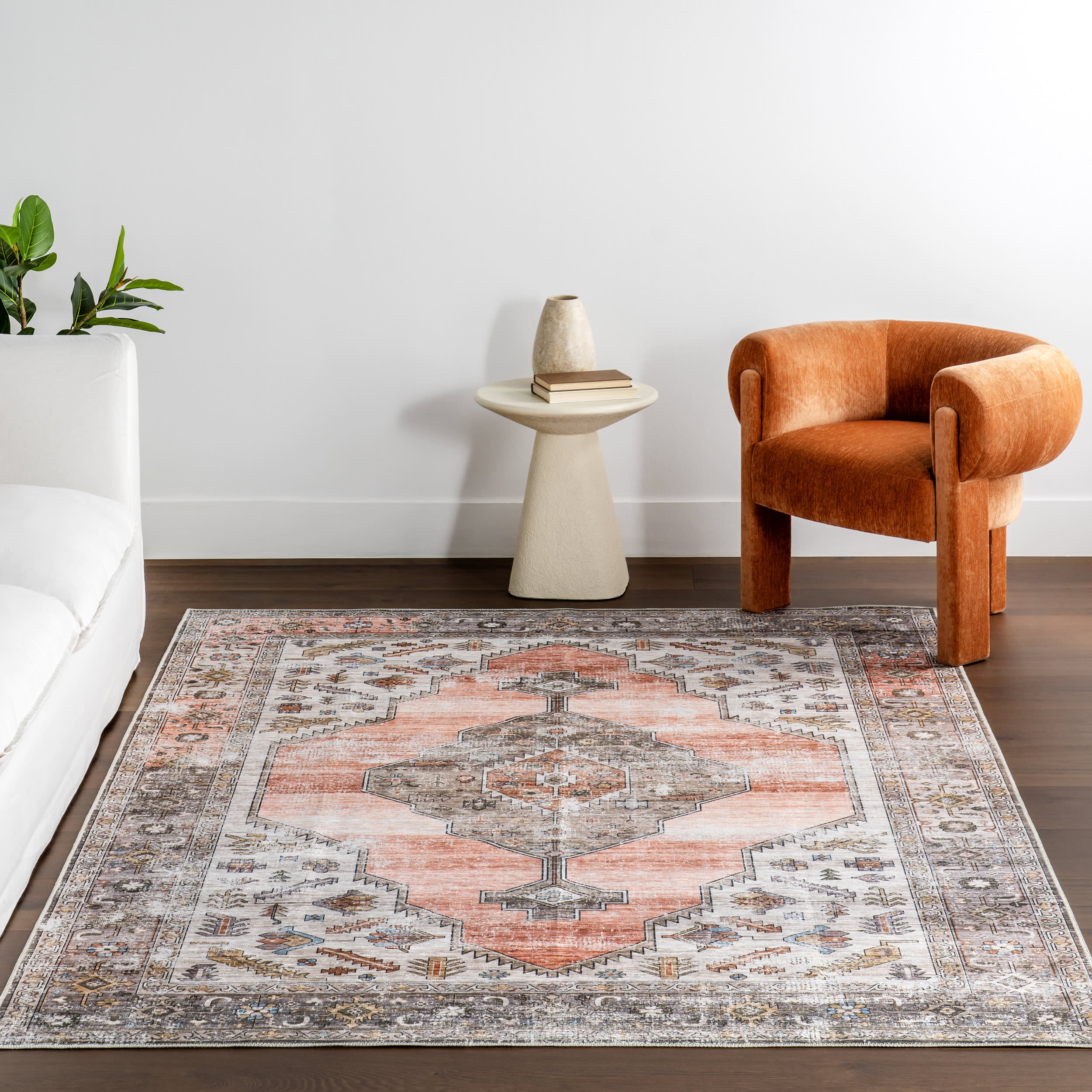 Native Iris Medallion Spill Proof Washable Rug | Peach - Image 5