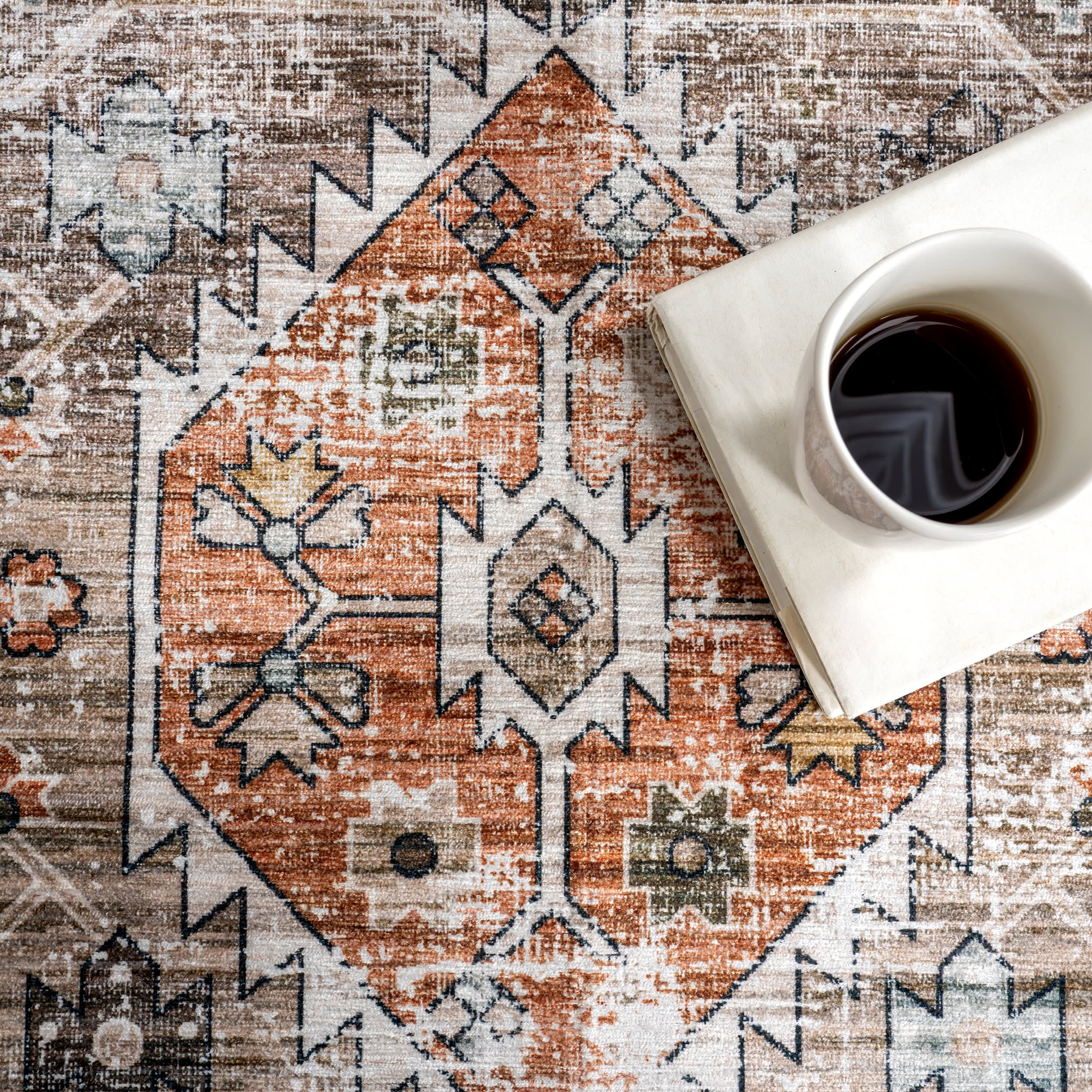 Native Iris Medallion Spill Proof Washable Rug | Peach - Image 8