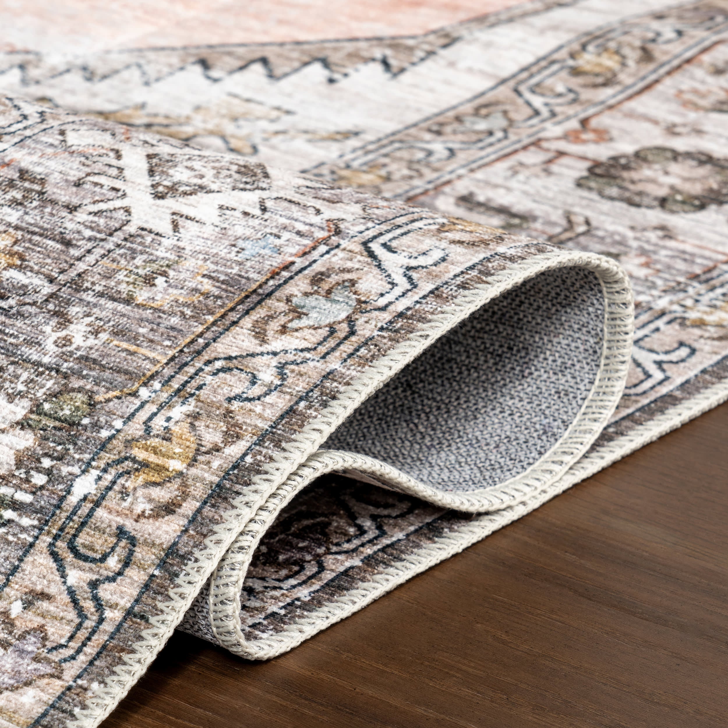 Native Iris Medallion Spill Proof Washable Rug | Peach - Image 9