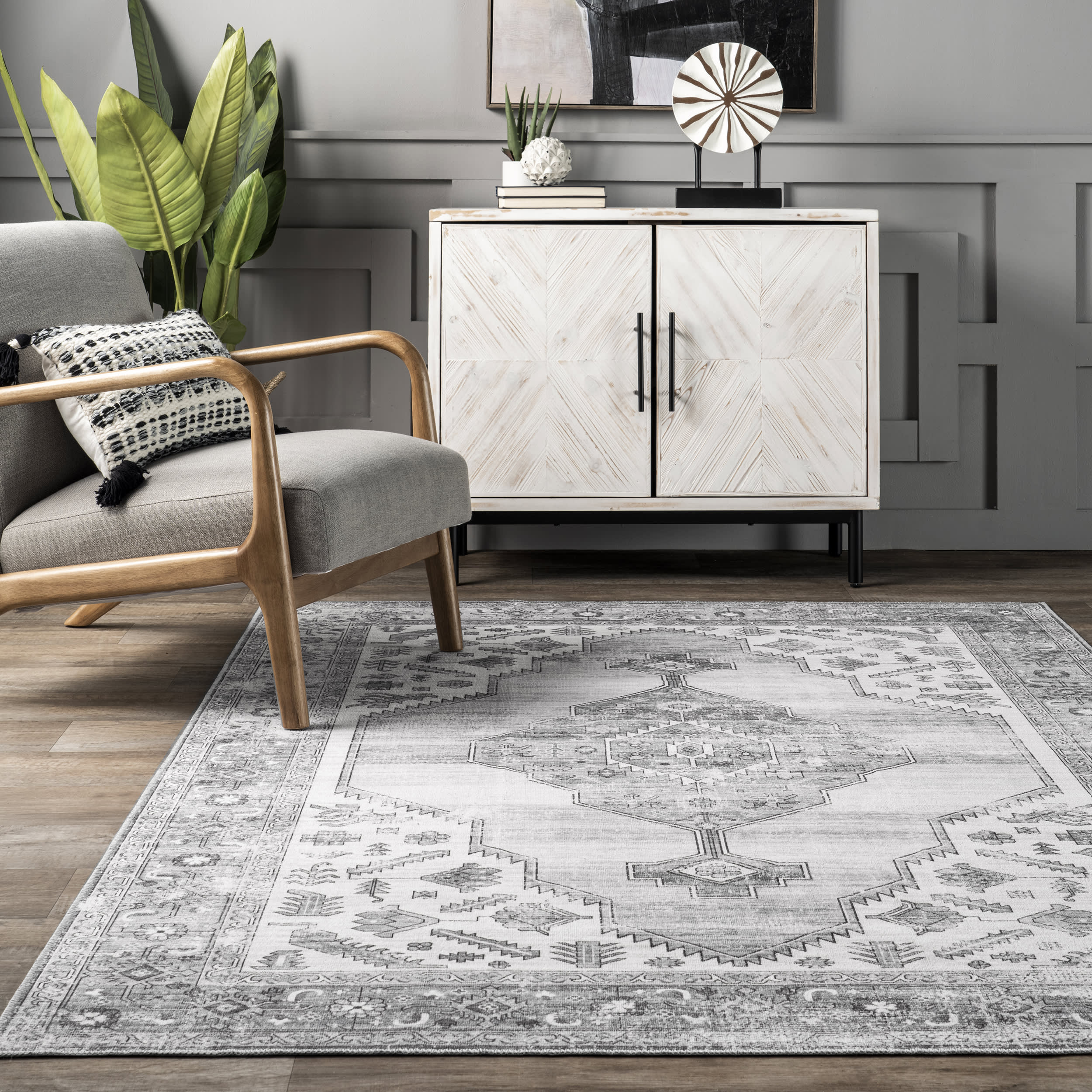 Native Iris Medallion Washable Rug | Grey - Image 4