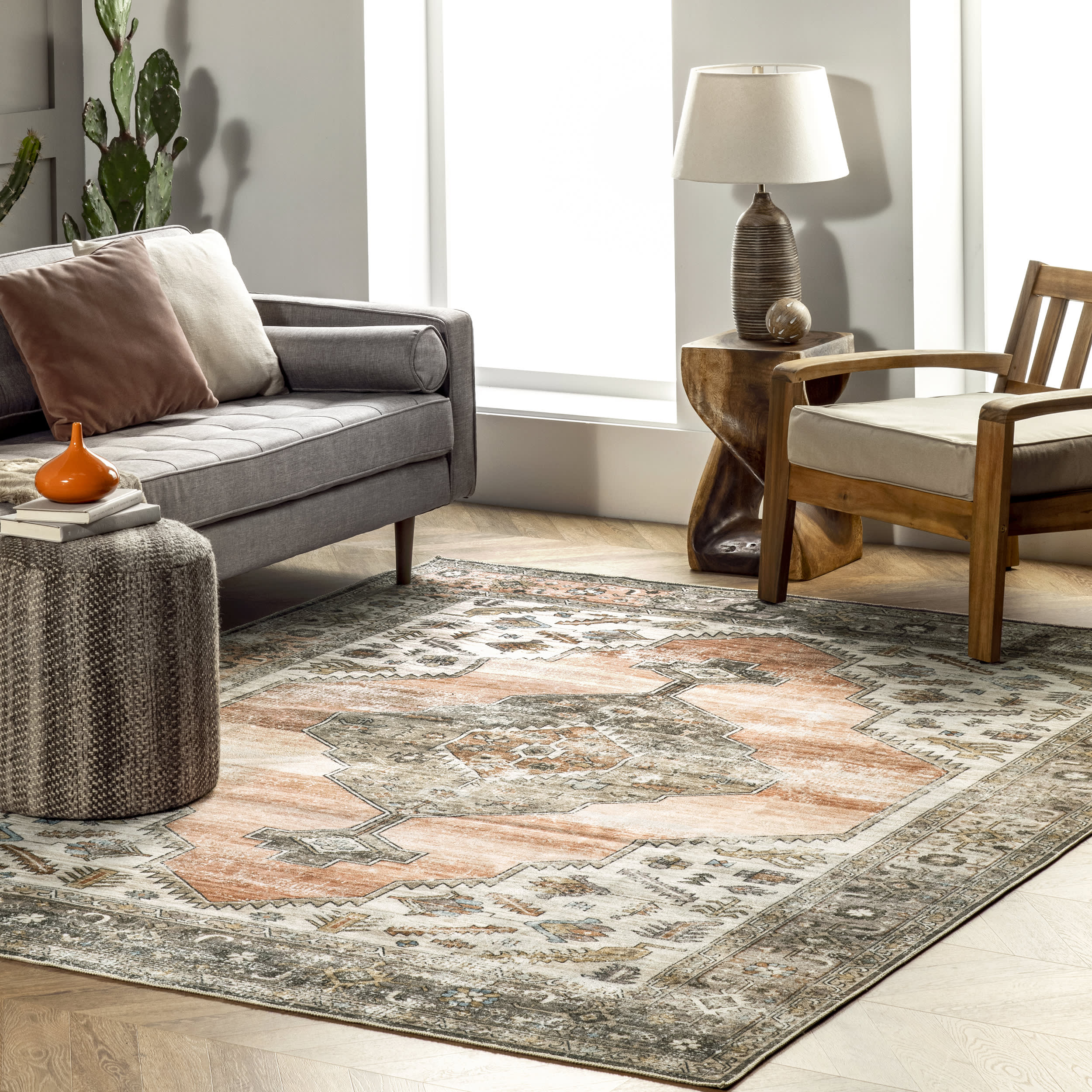 Native Iris Medallion Washable Rug | Peach - Image 2