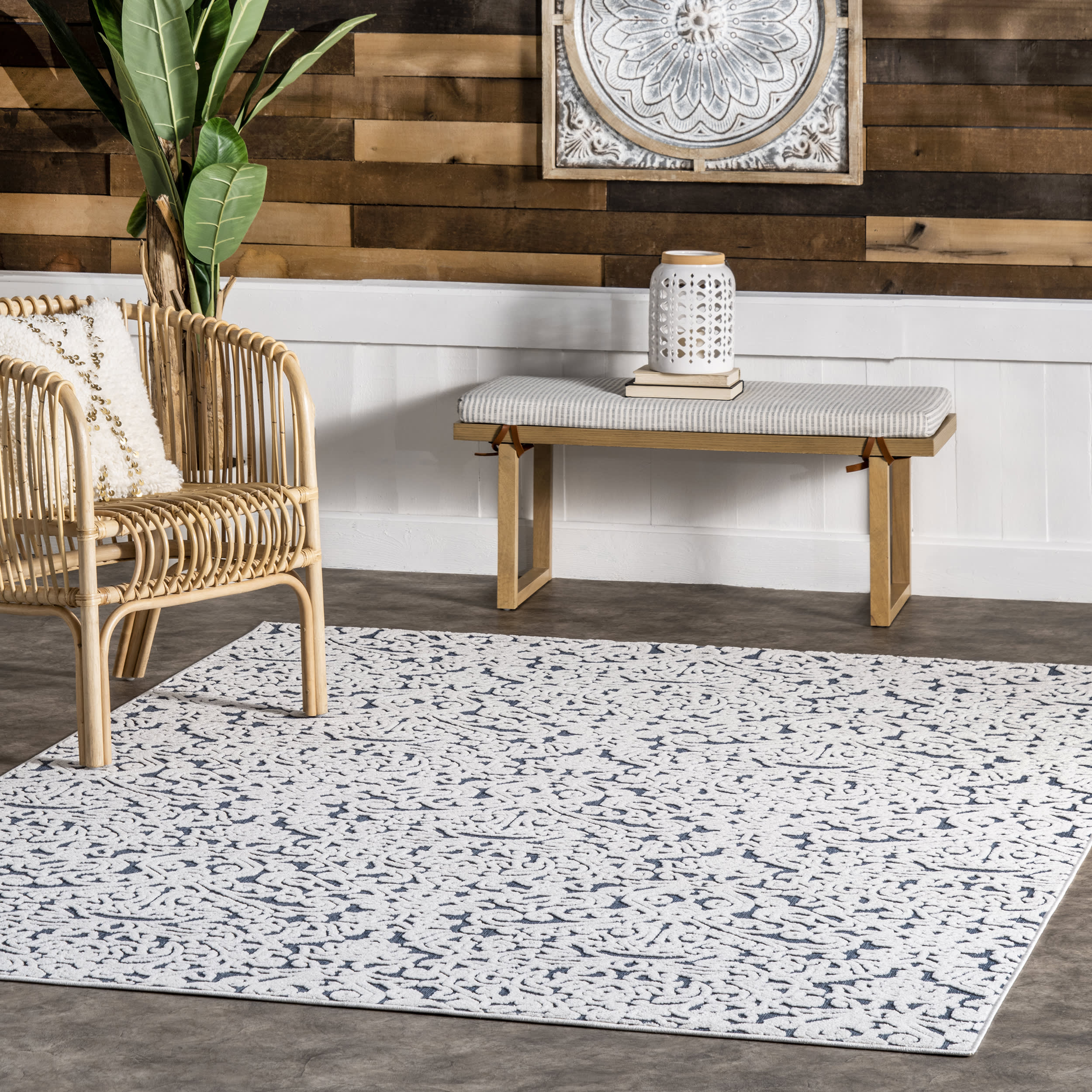 Nia Damask Textured Indoor/Outdoor Rug | Grey - Image 2