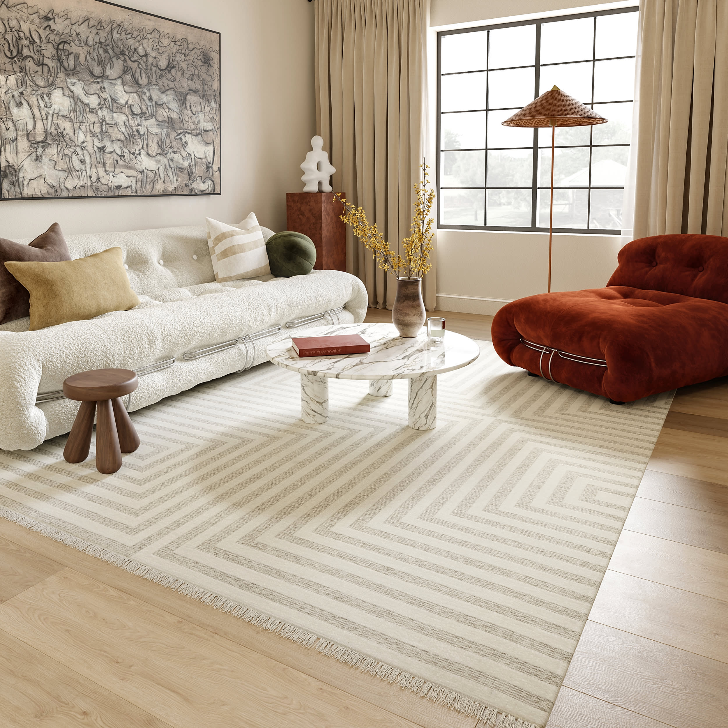 Nicolai Graphic Fringed Reversible Washable Rug | Cream - Image 2