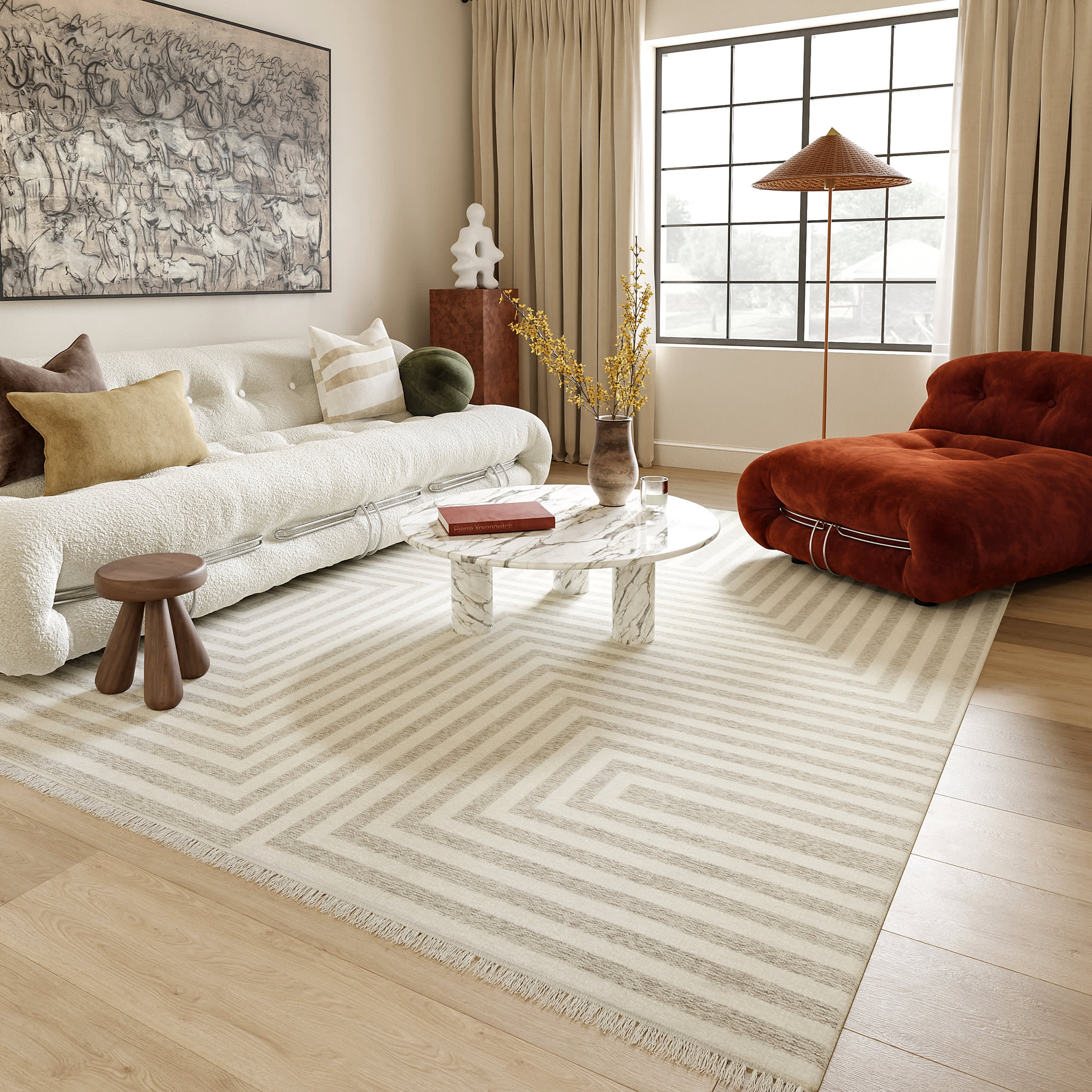 Nicolai Graphic Fringed Reversible Washable Rug | Cream - Image 7