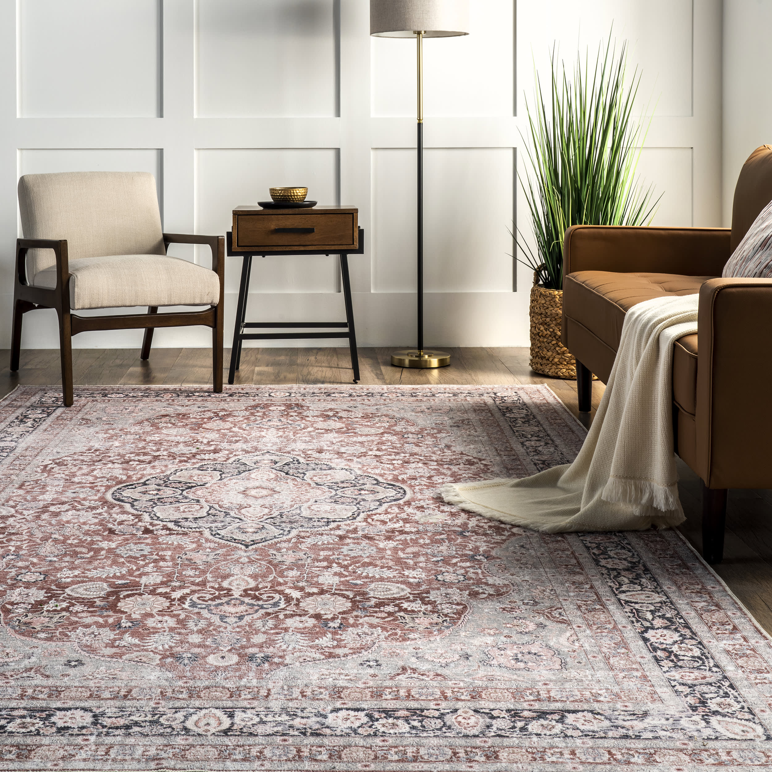 Nikki Vintage Rosette Washable Rug | Beige - Image 4