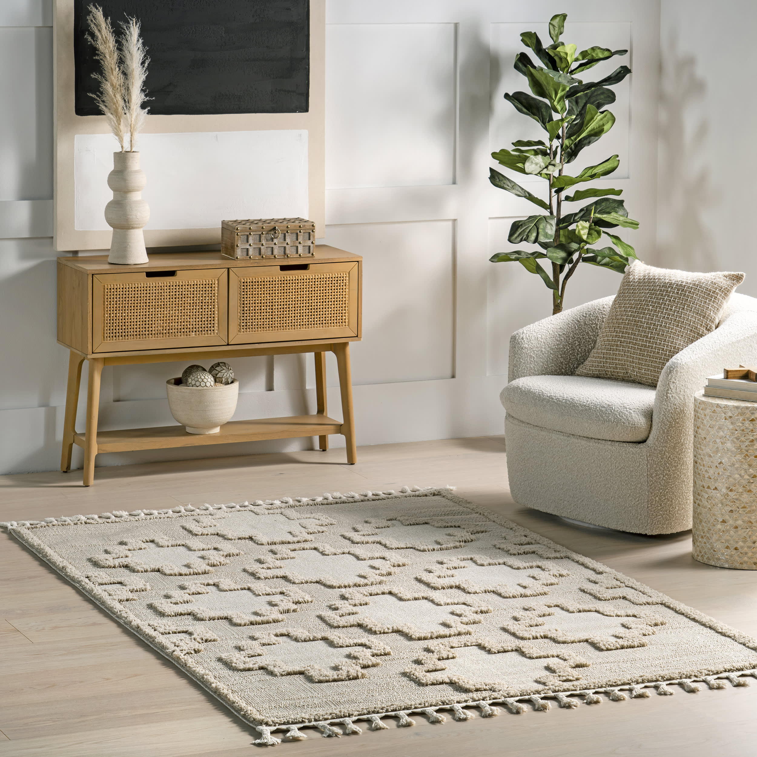 Noel Geometric Tasseled Rug | Beige - Image 2