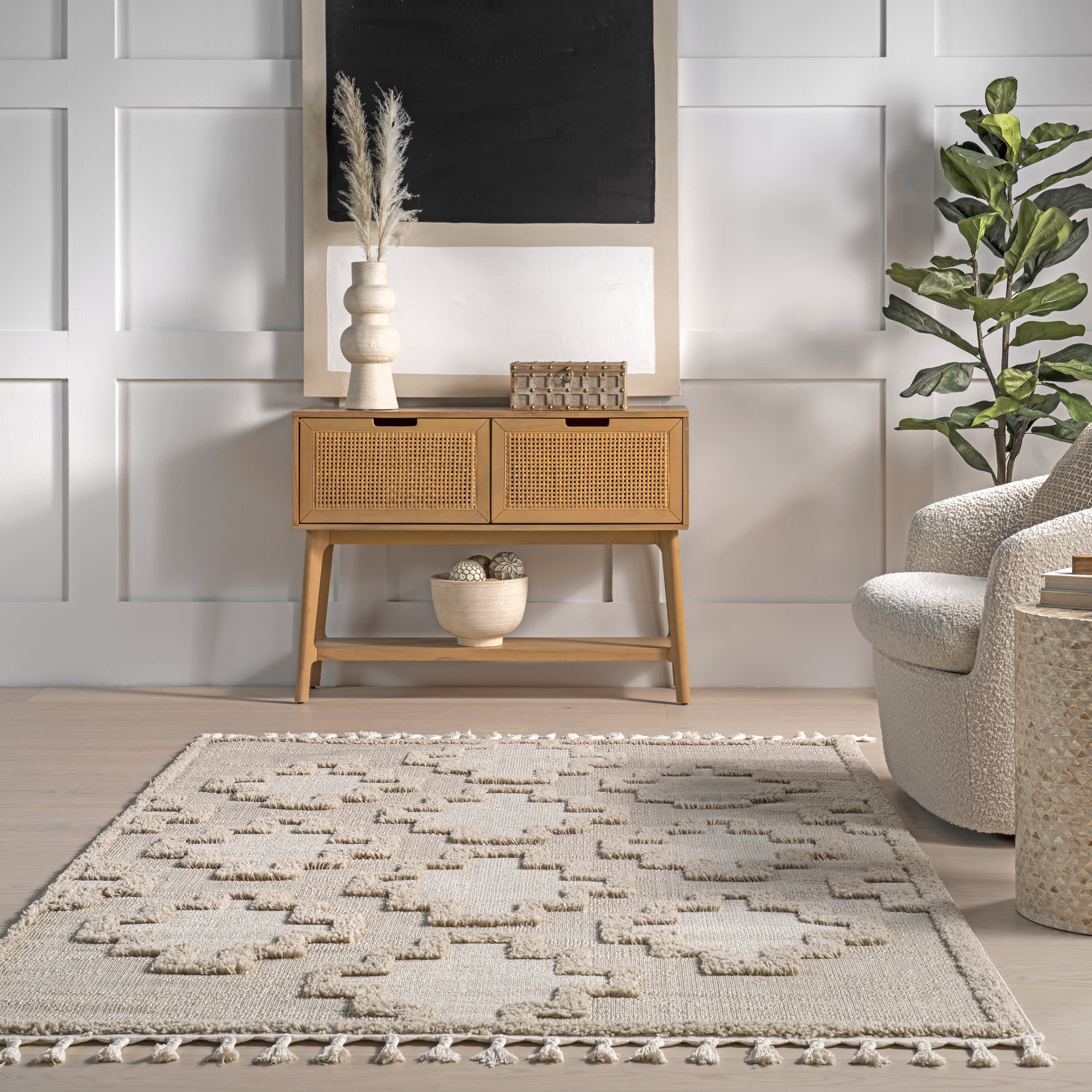 Noel Geometric Tasseled Rug | Beige - Image 4