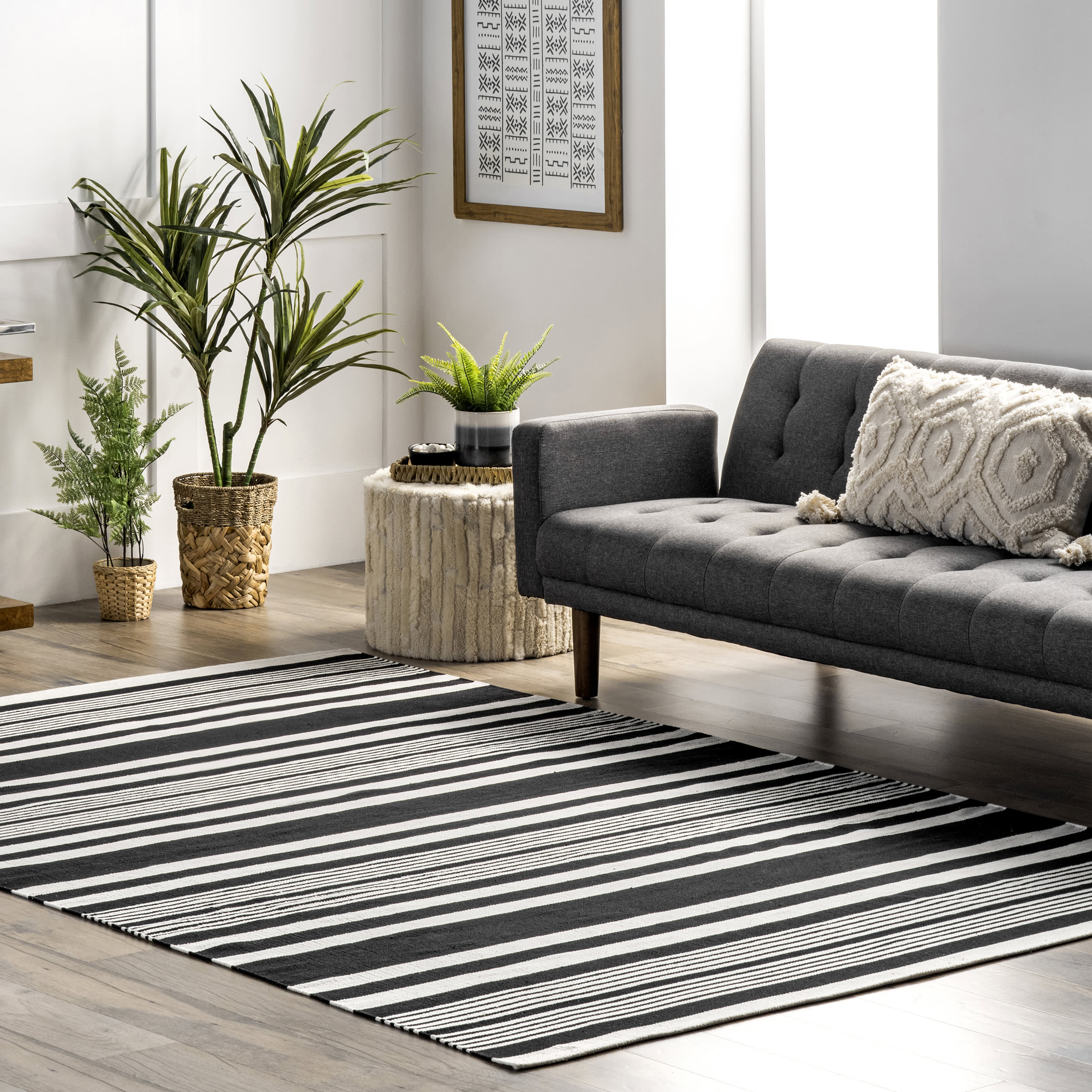 Noelle Reversible Cotton Striped Rug | Black - Image 2