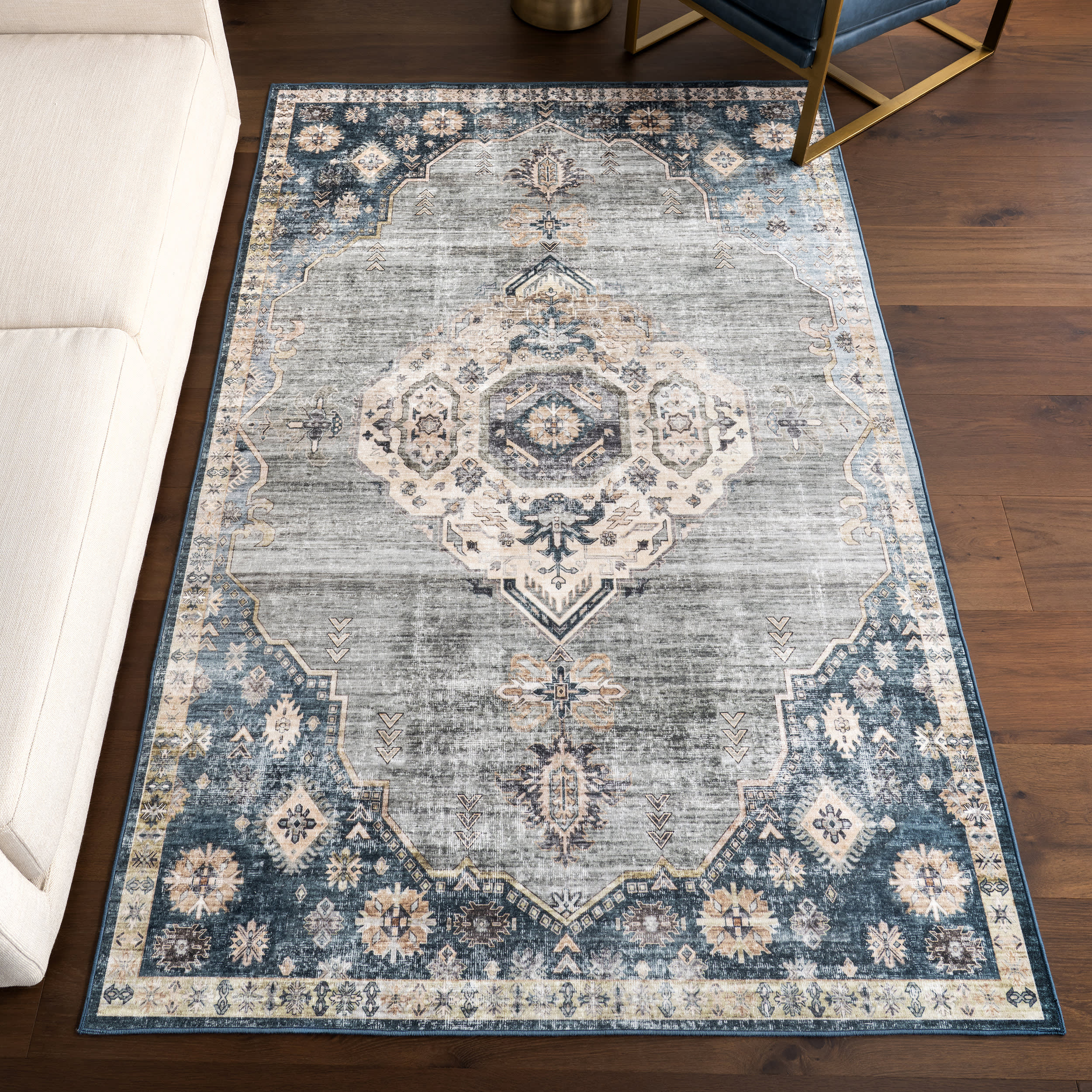 Noor Medallion Spill Proof Washable Rug | Blue - Image 2