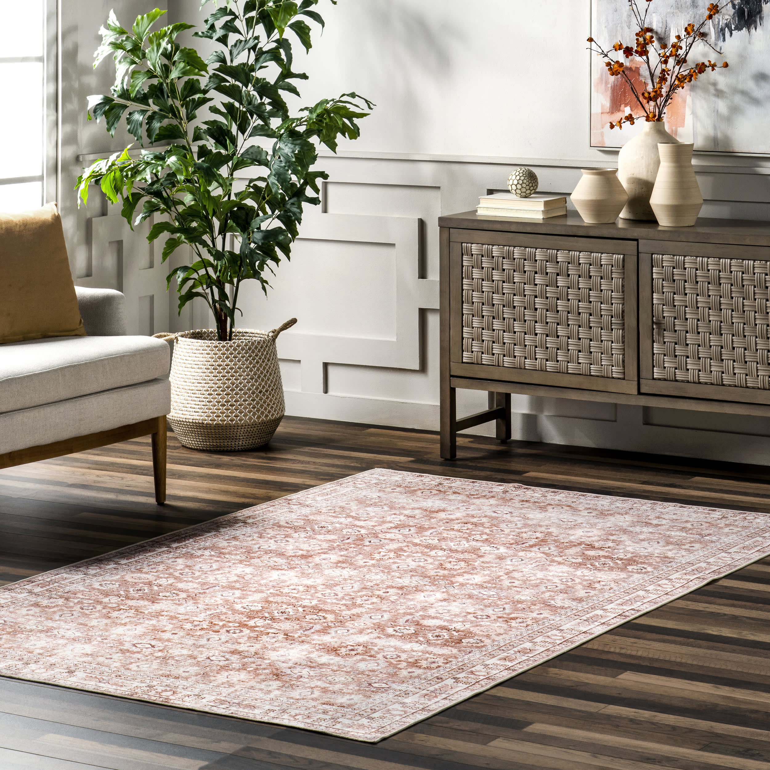 Norah Geometric Floral Spill Proof Washable Rug | Red - Image 2