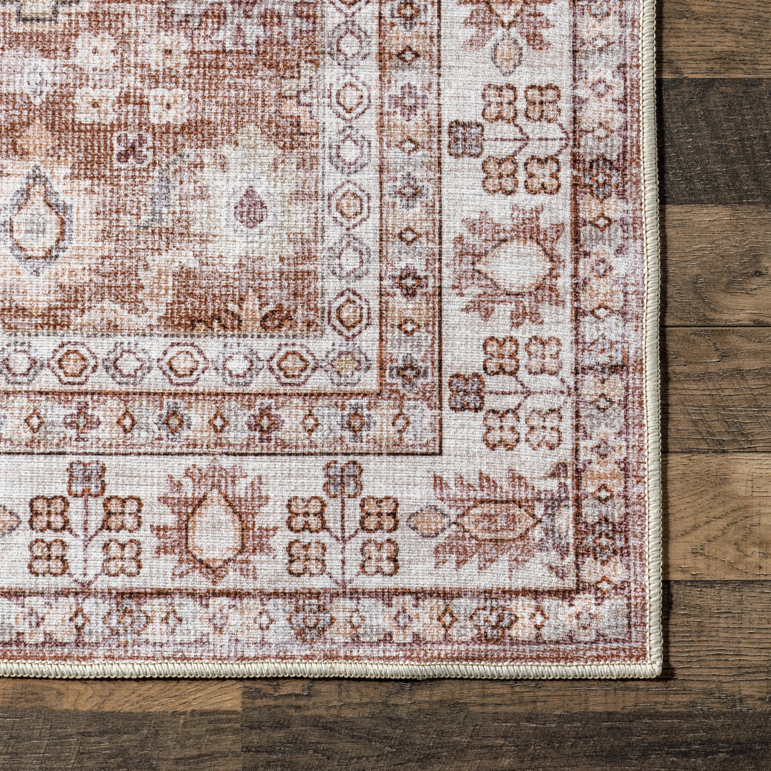 Norah Geometric Floral Spill Proof Washable Rug | Red - Image 3
