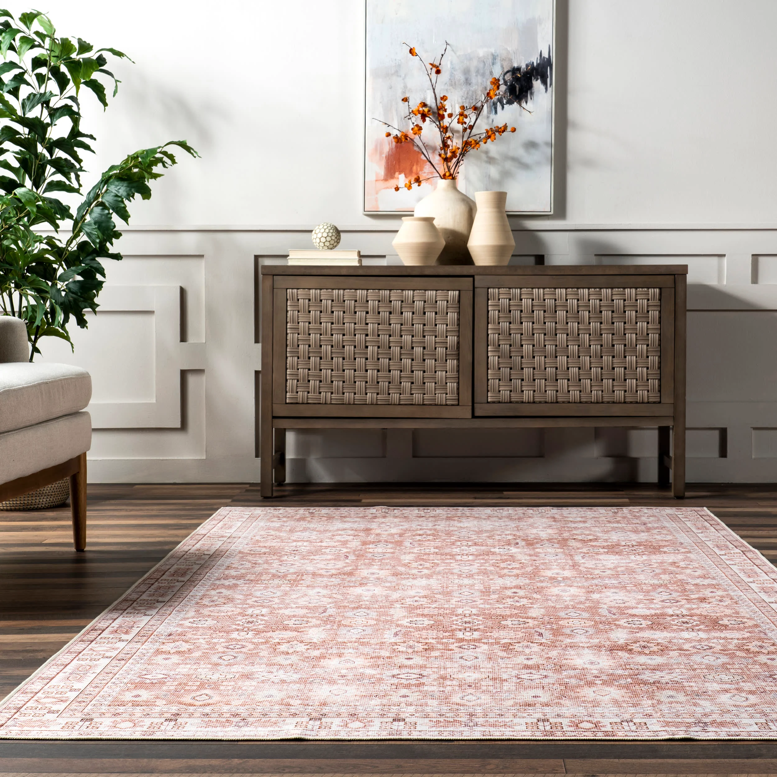 Norah Geometric Floral Spill Proof Washable Rug | Red - Image 4