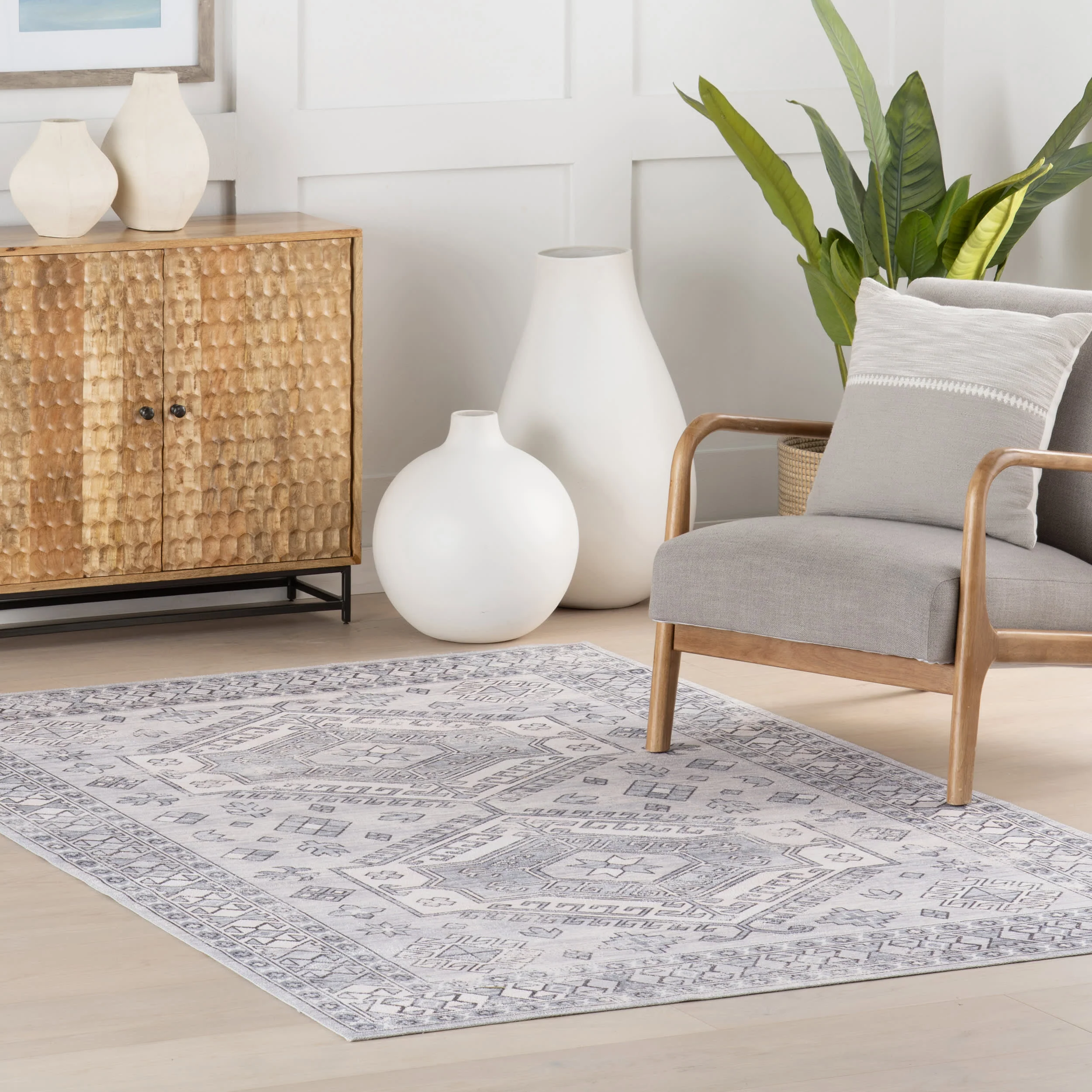Nordic Emblems Spill Proof Washable Rug | Light Grey - Image 2