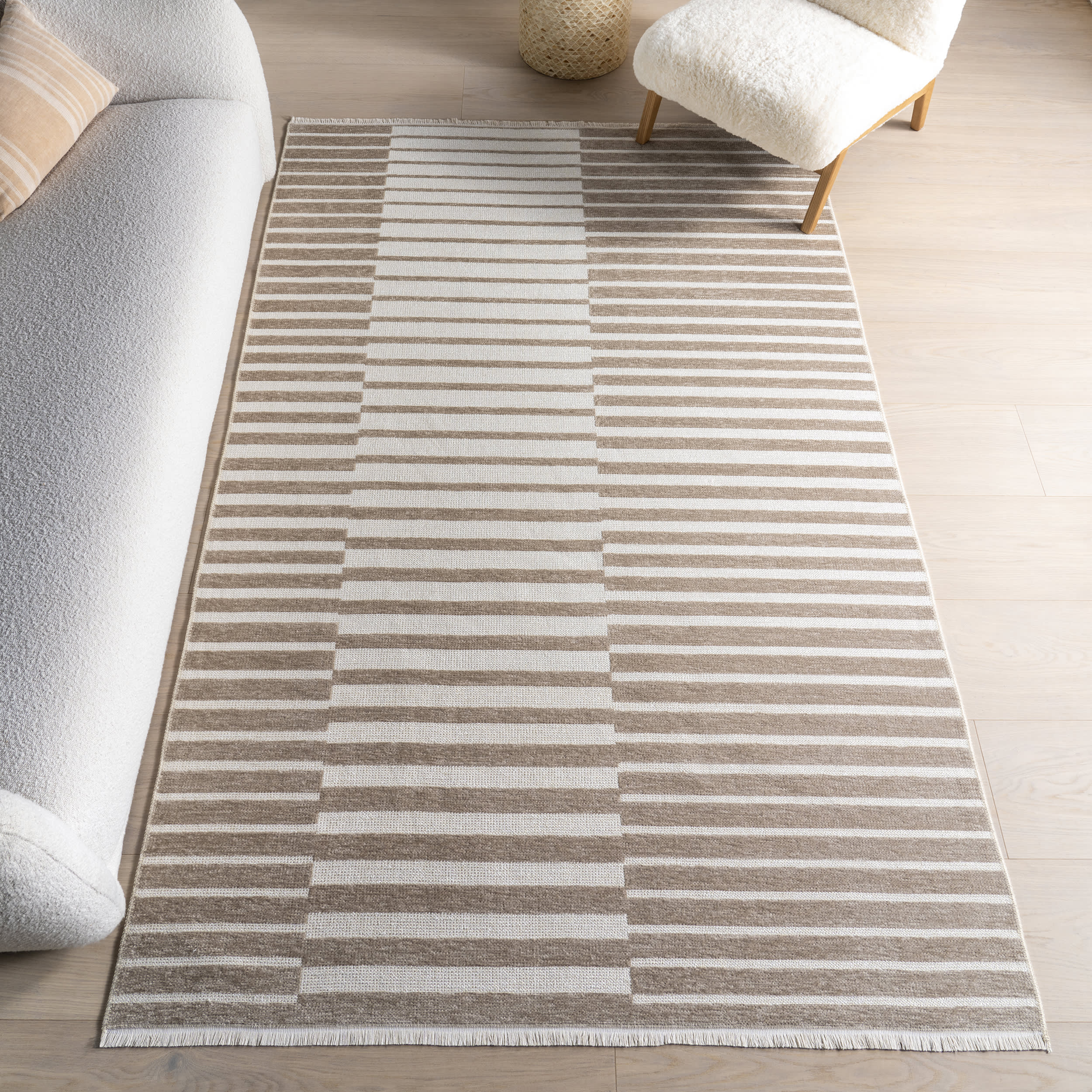 Nova Striped Checkerboard Reversible Washable Rug | Taupe - Image 2