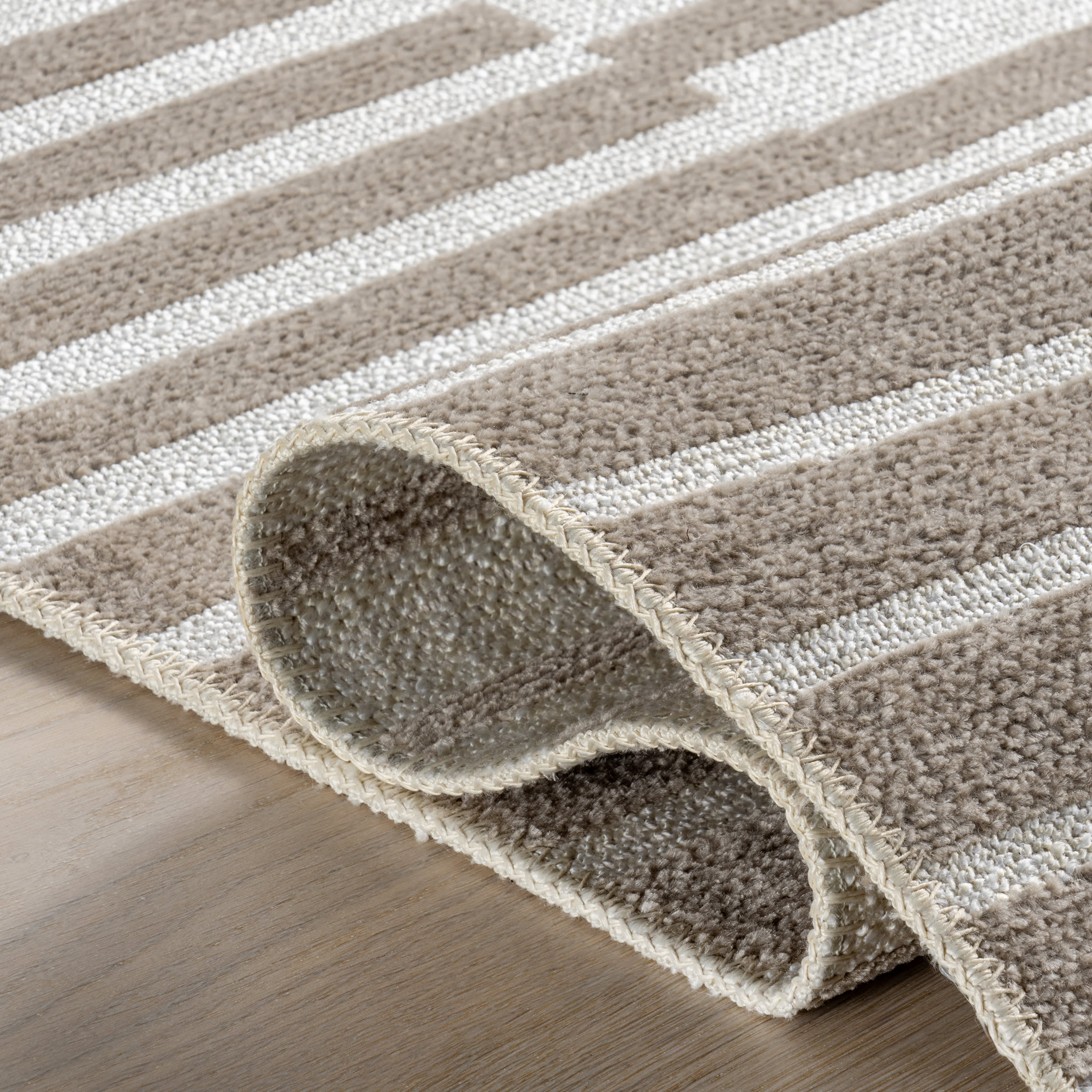 Nova Striped Checkerboard Reversible Washable Rug | Taupe - Image 12