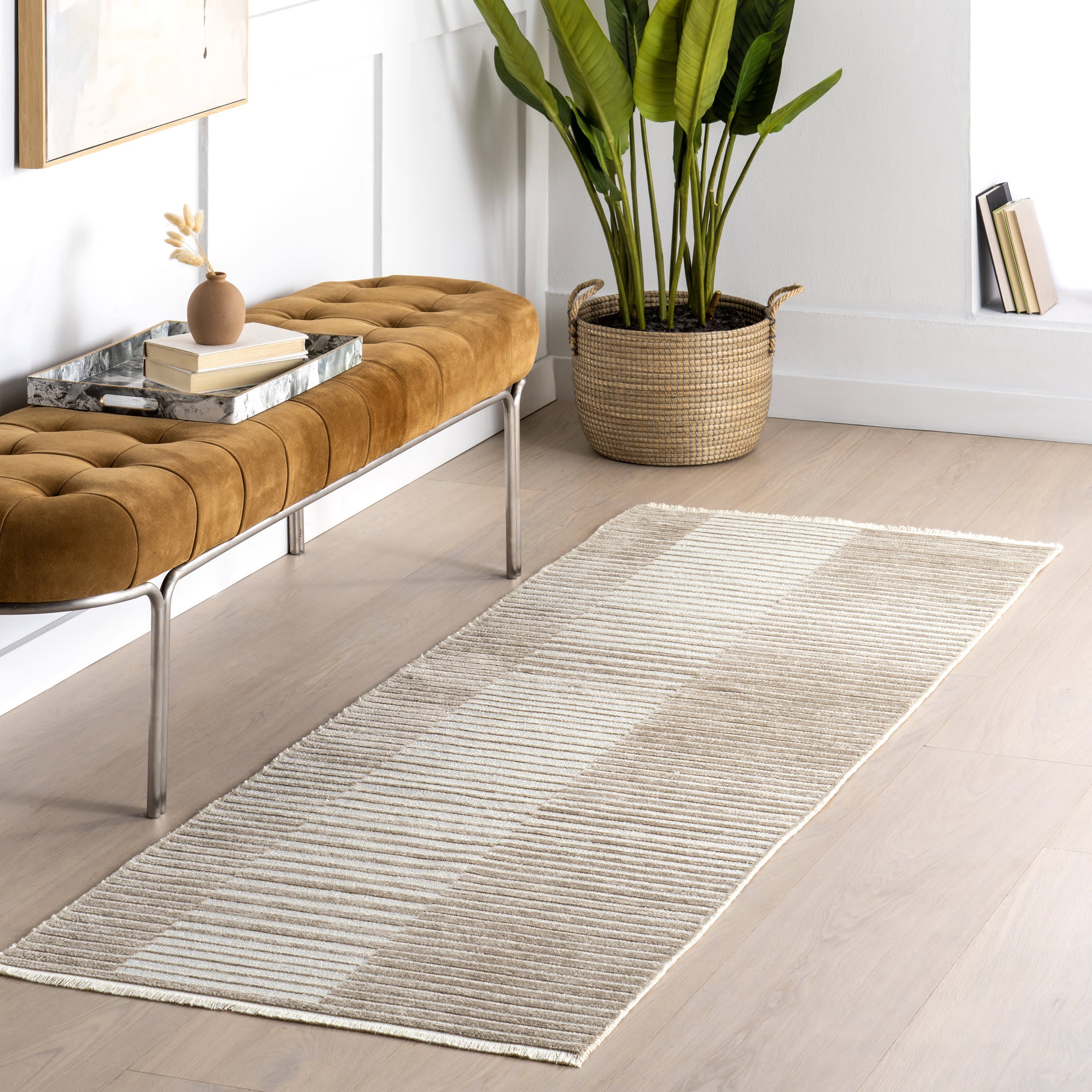 Nova Striped Checkerboard Reversible Washable Rug | Taupe - Image 2