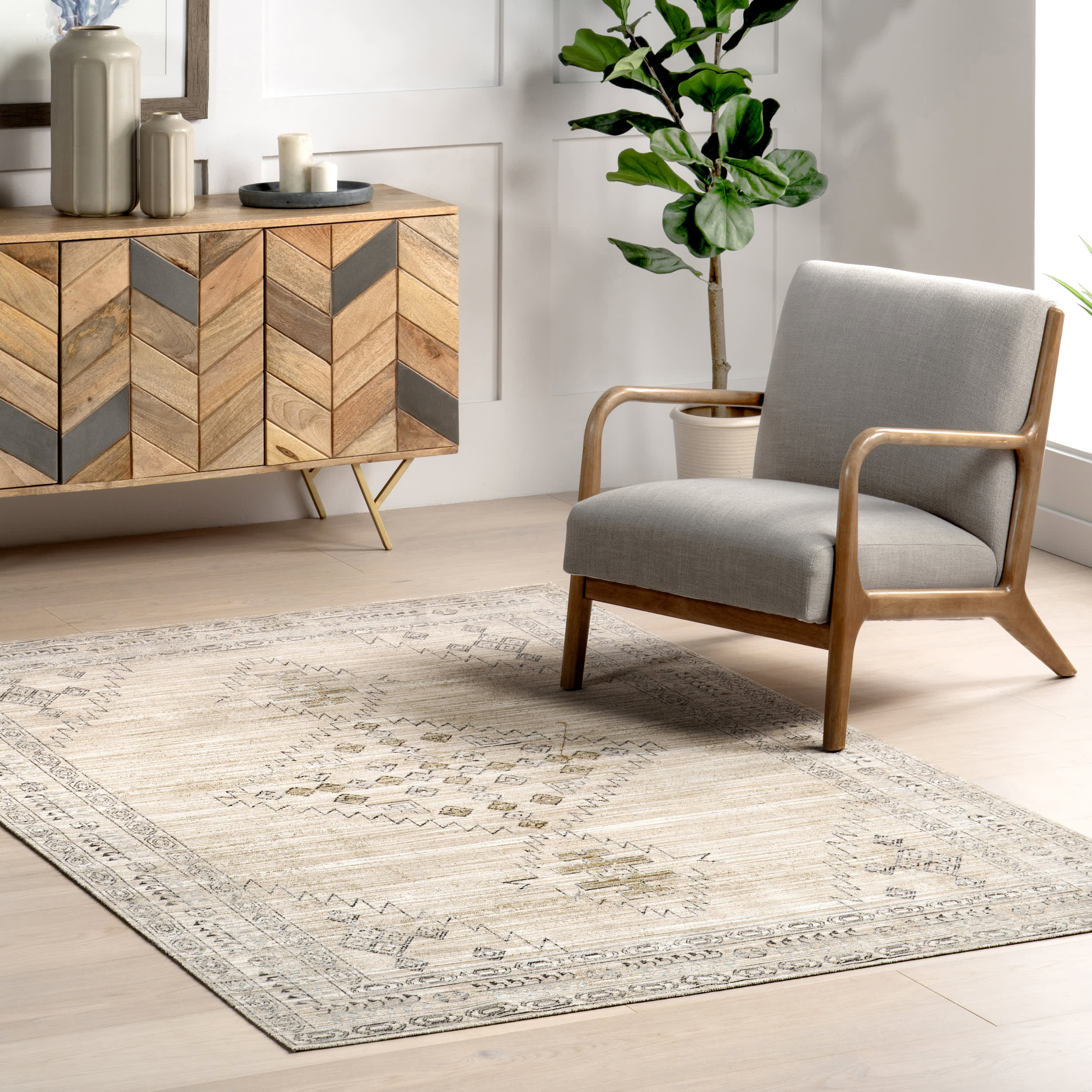Oakley Simple Medallion Indoor/Outdoor Washable Rug | Light Grey - Image 2
