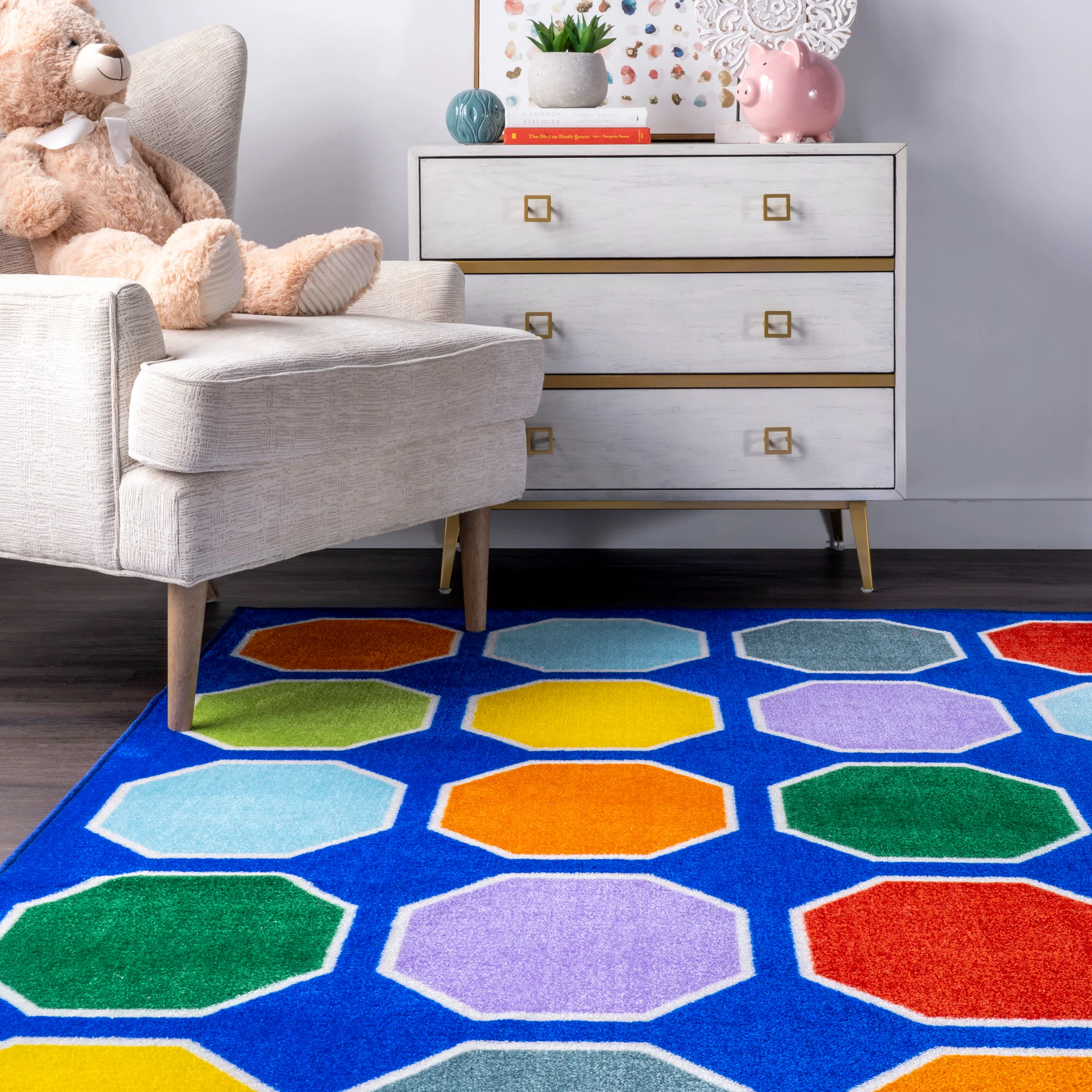 Octagons Printed Rug | Blue - Image 4