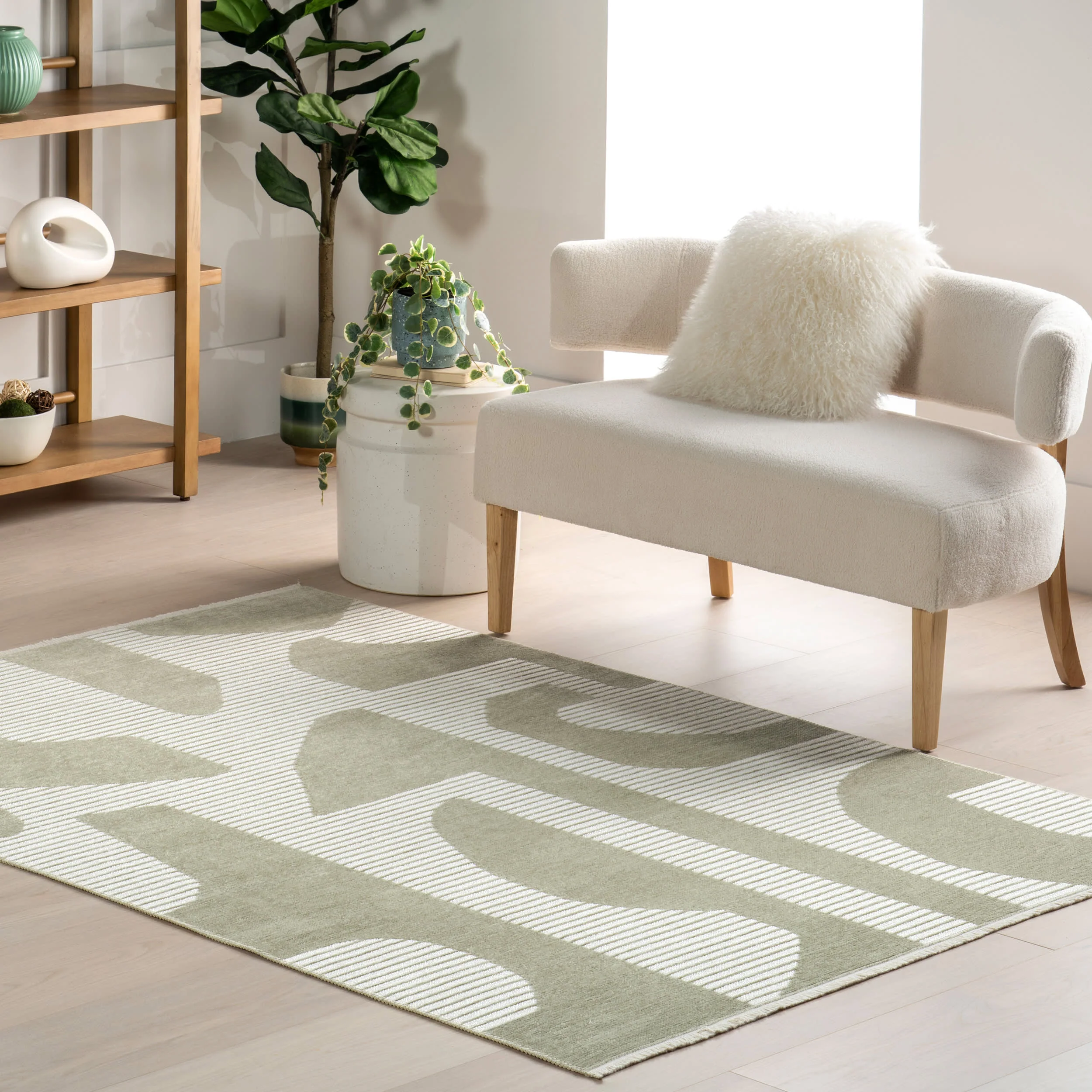 Olaya Abstract Reversible Washable Rug | Light Green - Image 2