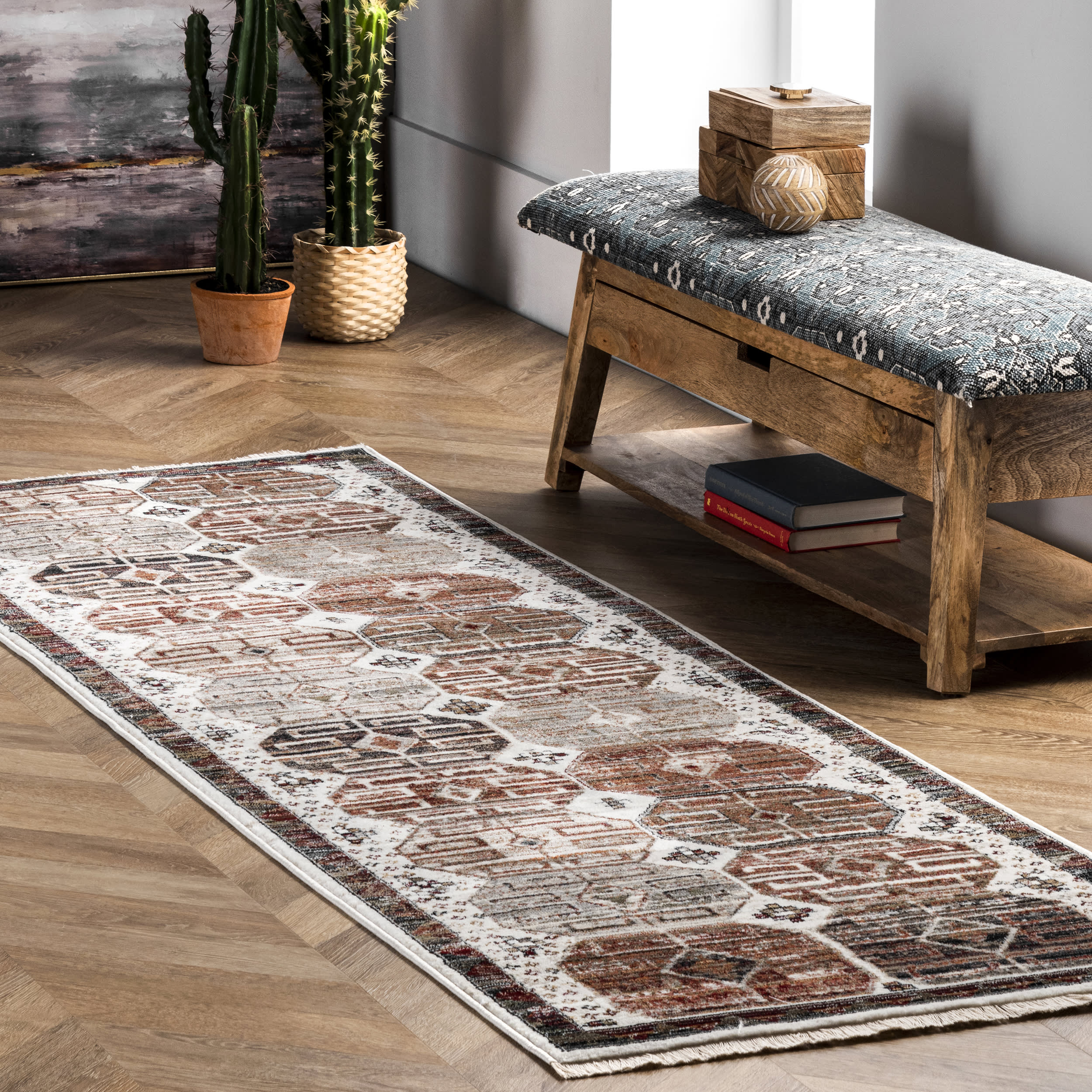Oriental Emblematic Fringed Rug | Beige - Image 2