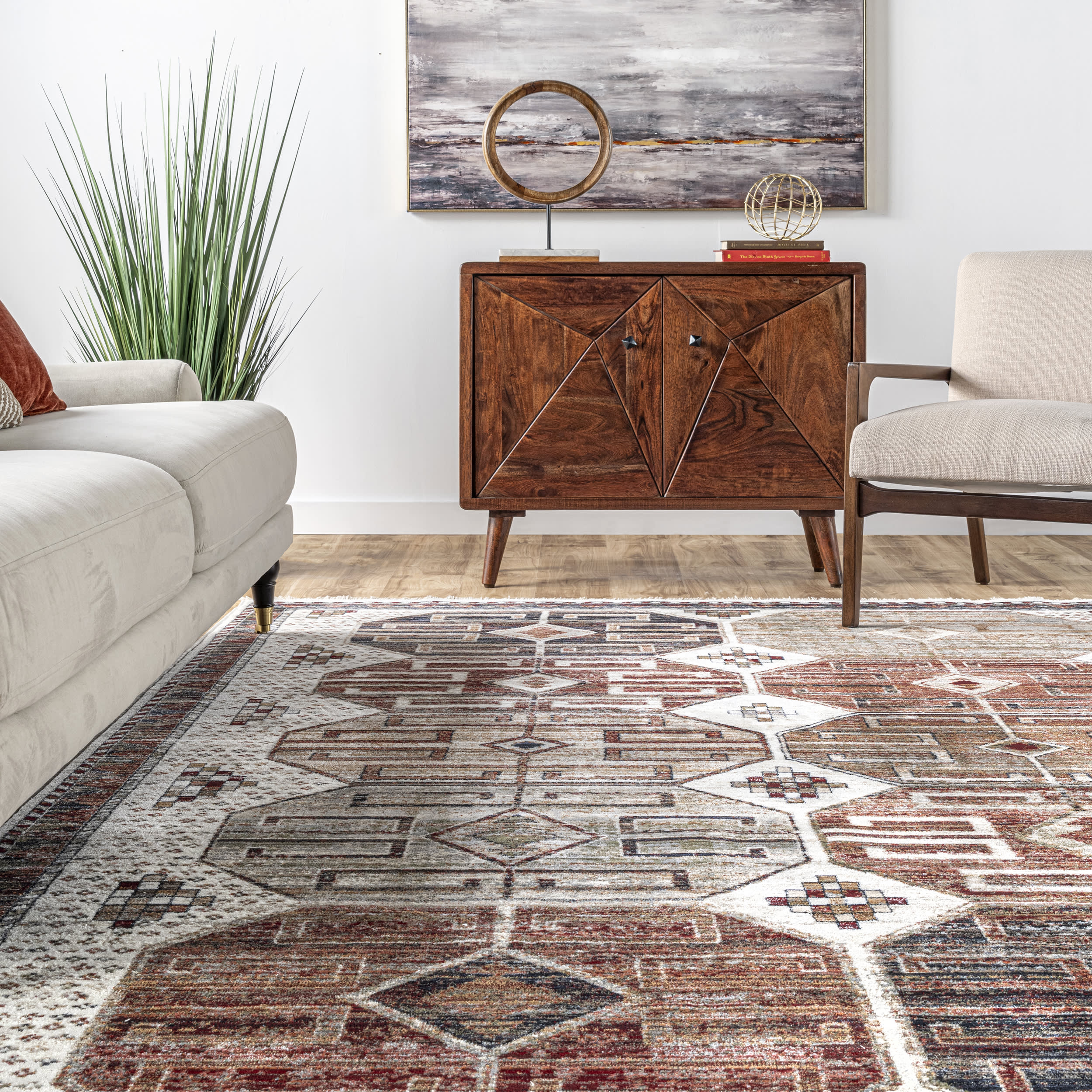 Oriental Emblematic Fringed Rug | Beige - Image 4