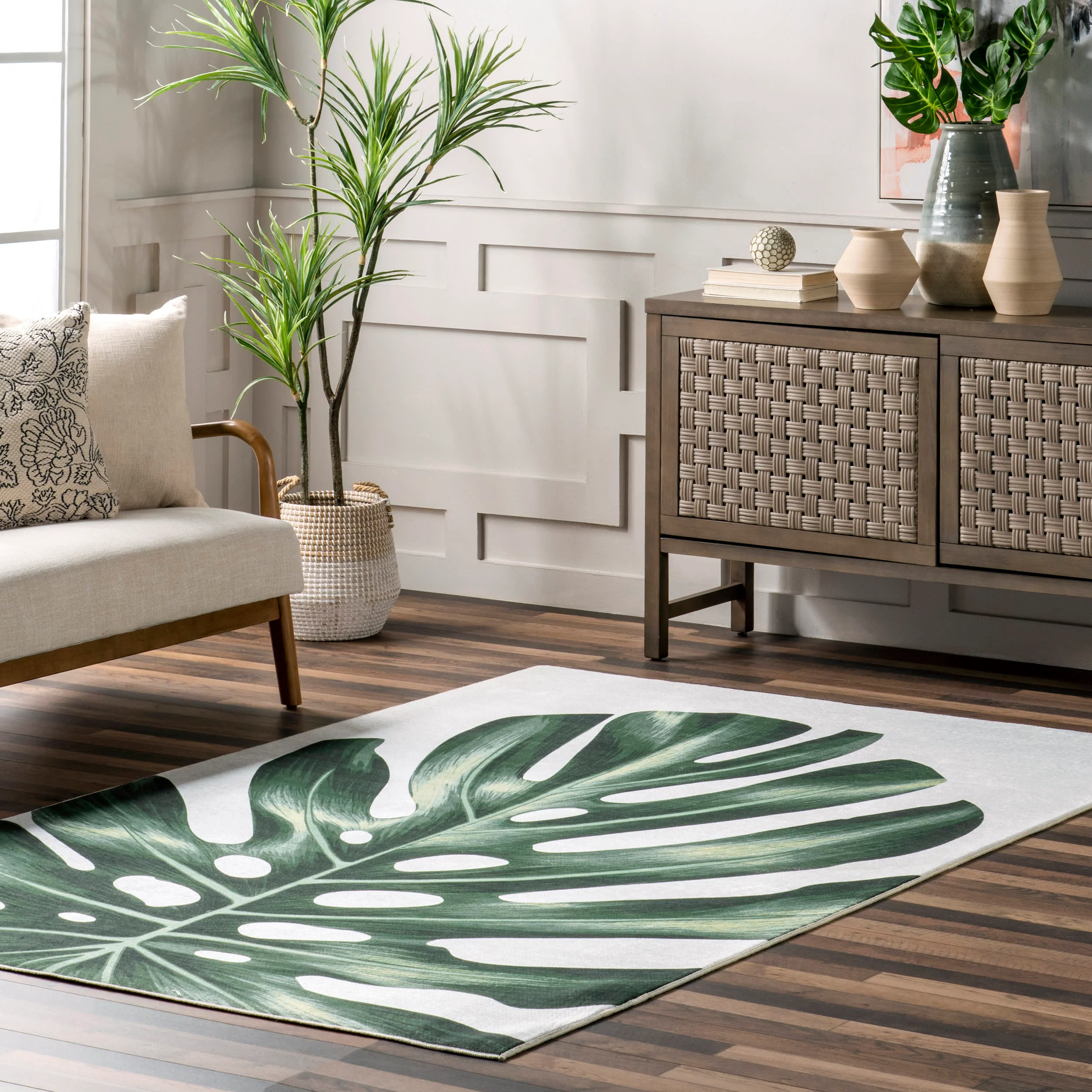 Ozzy Monstera Washable Indoor/Outdoor Rug | Green - Image 4