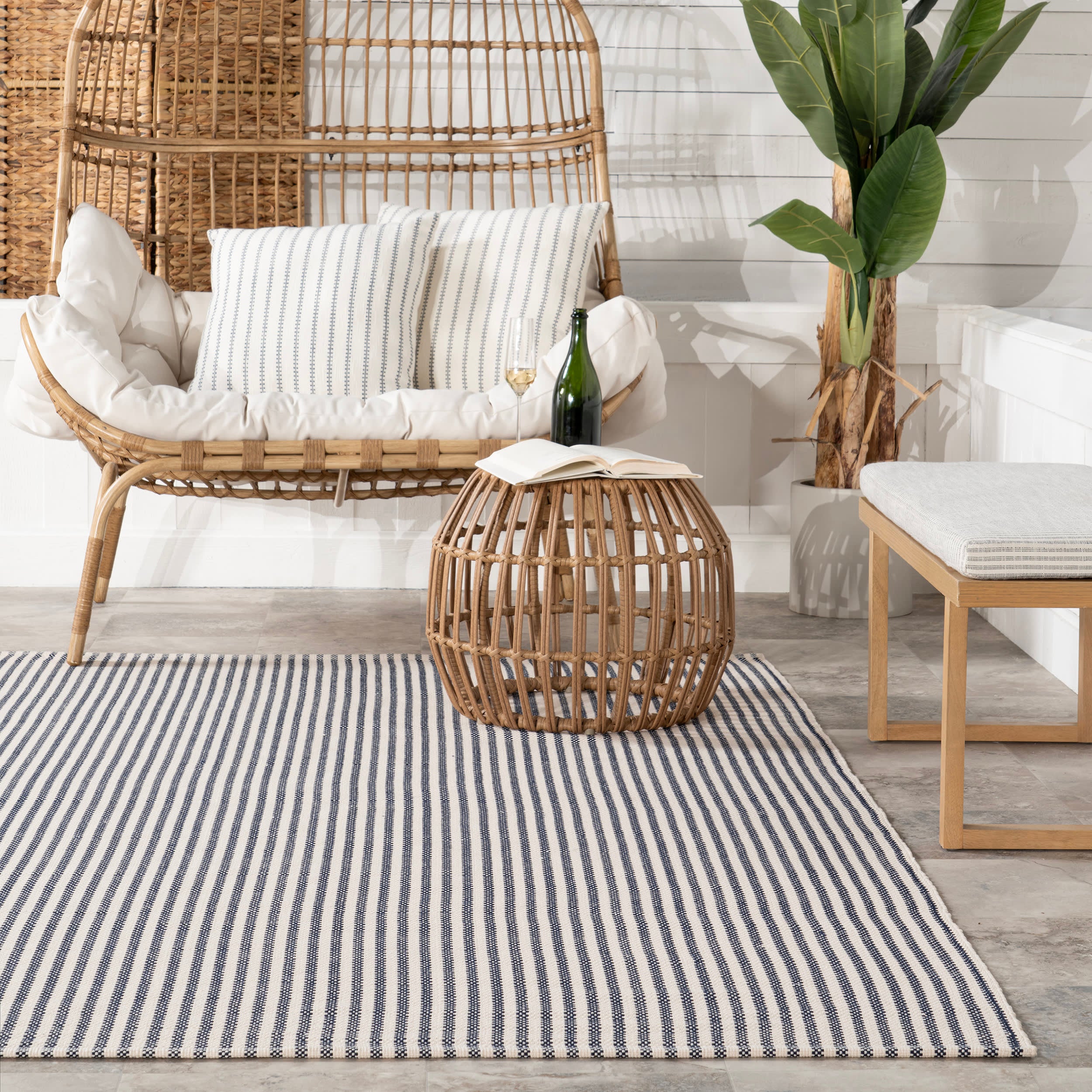 Pinstripe Handwoven Indoor/Outdoor Rug | Blue - Image 4