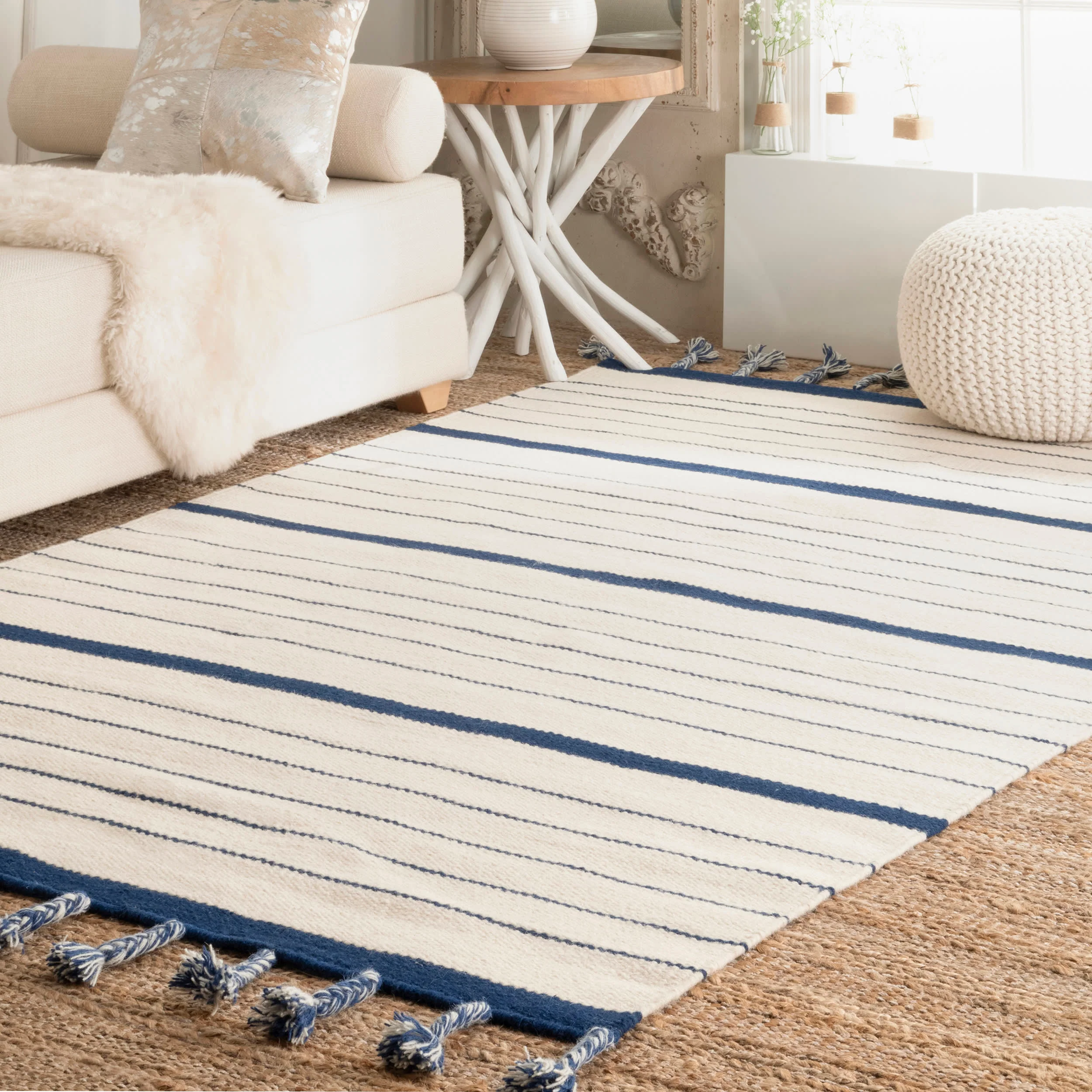 Pinstriped Flatweave With Tassels Rug | Blue - Image 2