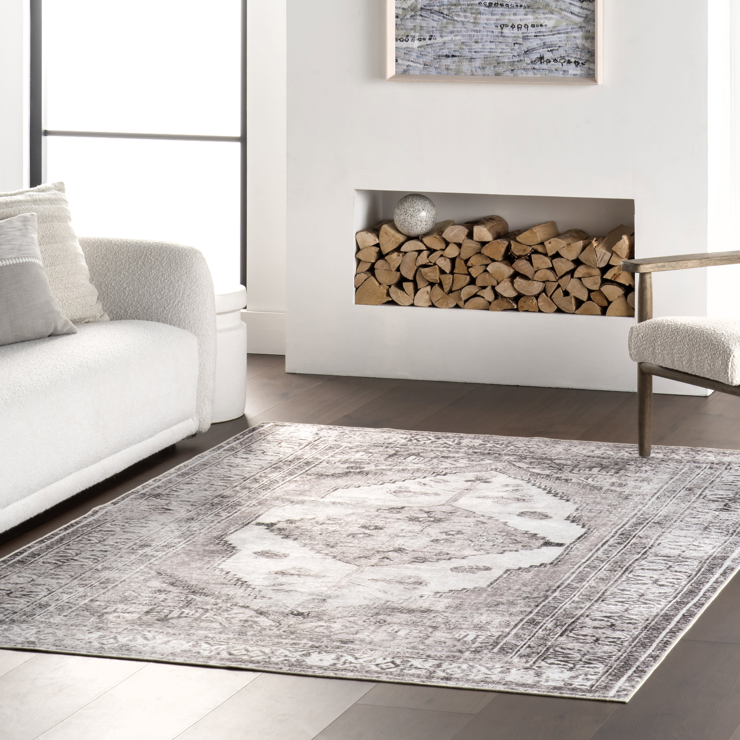 Plated Medallion Spill Proof Washable Rug | Light Grey - Image 2