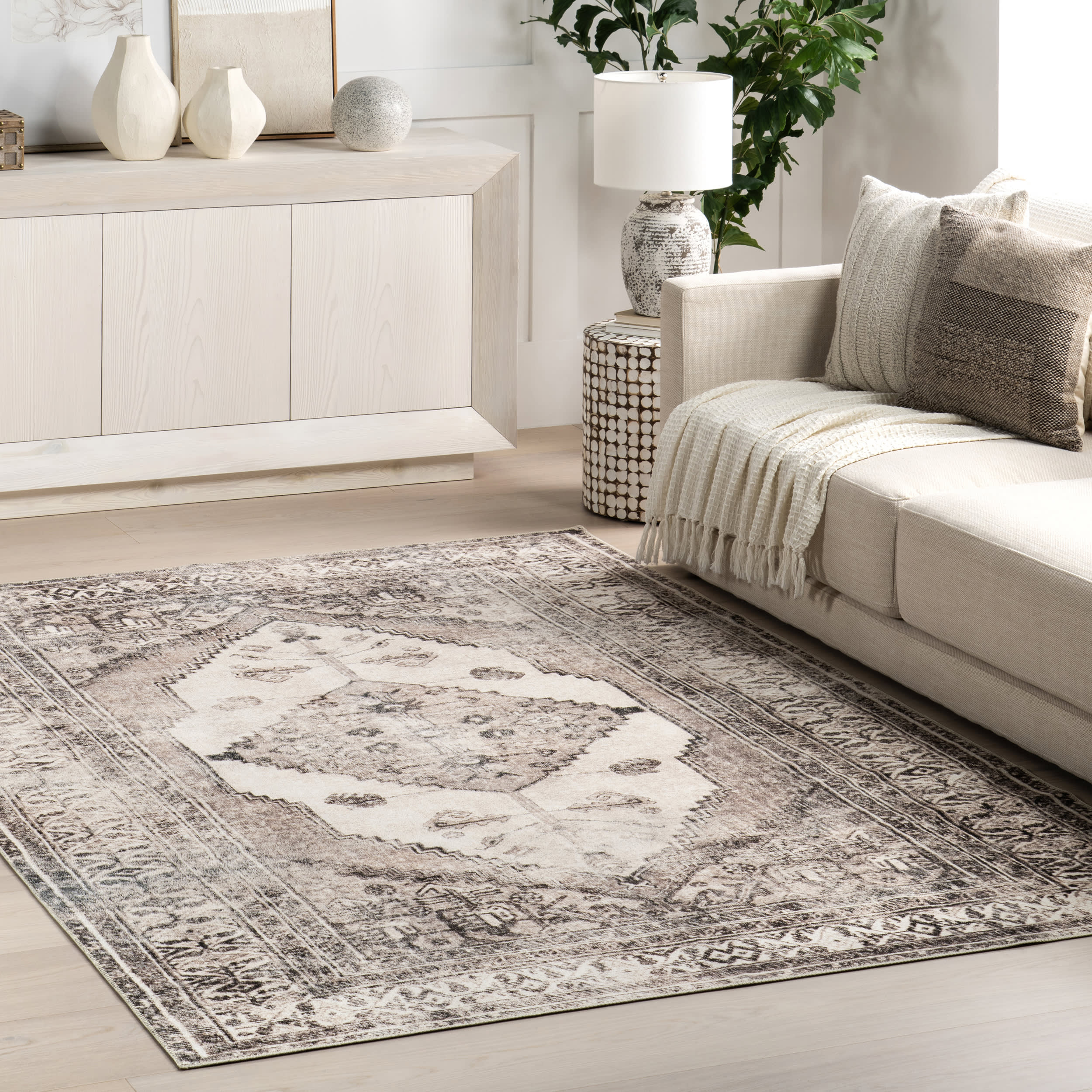 Plated Medallion Washable Rug | Light Grey - Image 2
