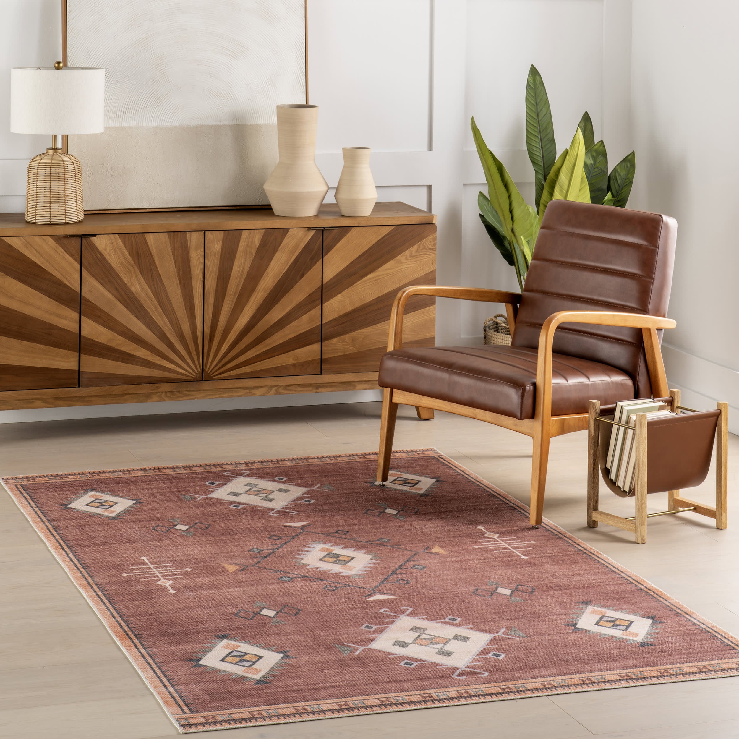 Poppy Persian Spill Proof Washable Rug | Brick - Image 2