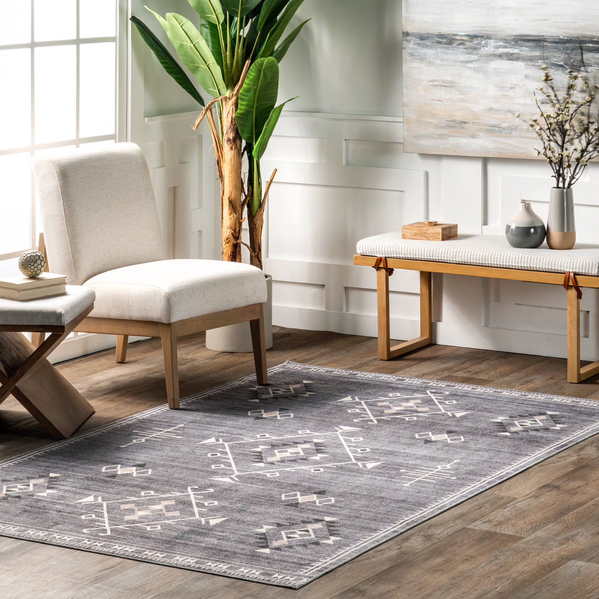 Poppy Persian Spill Proof Washable Rug | Grey - Image 2